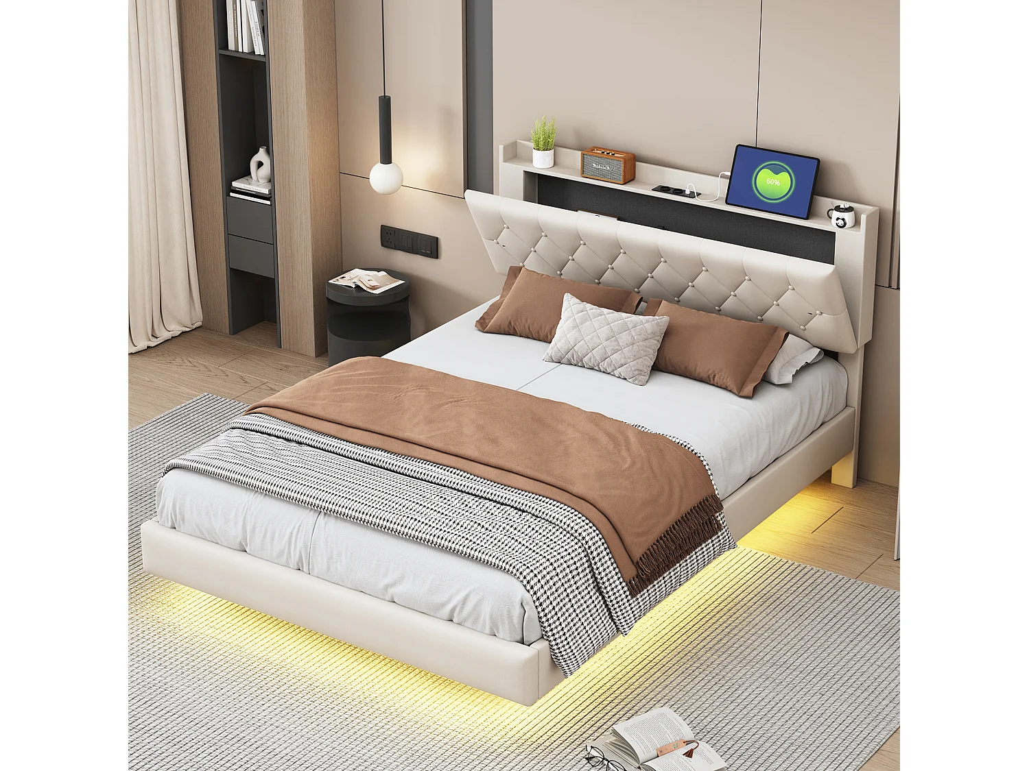 Lit Polster 140 x 200 cm avec port USB et bande LED à changement de couleur, lit double en tissu lin doux avec sommier, beige.