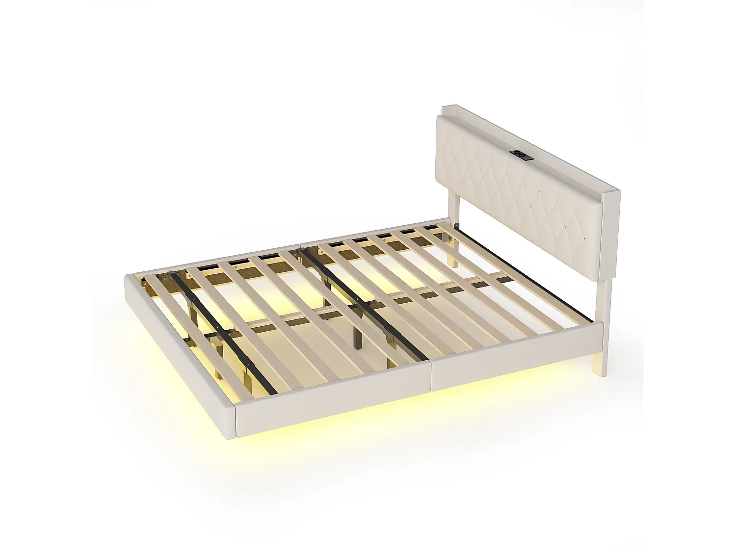 Lit Polster 140 x 200 cm avec port USB et bande LED à changement de couleur, lit double en tissu lin doux avec sommier, beige.