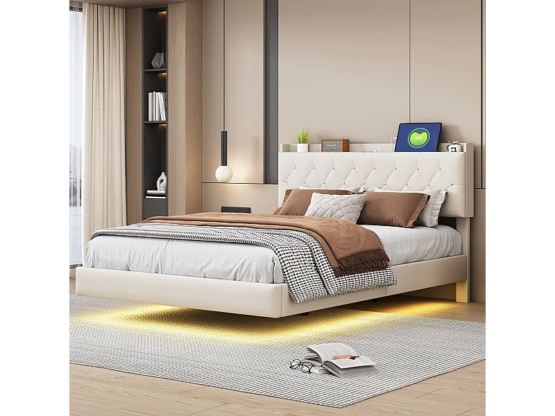 Lit Polster 140 x 200 cm avec port USB et bande LED à changement de couleur, lit double en tissu lin doux avec sommier, beige.