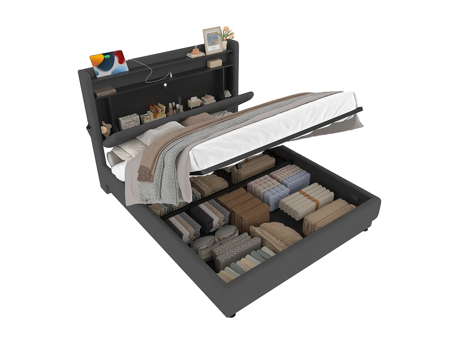 Lit capitonné moderne 160x200 cm avec tête de lit LED et rangements, espace de stockage inférieur, sommier à gaz silencieux, ports USB, poches latérales.