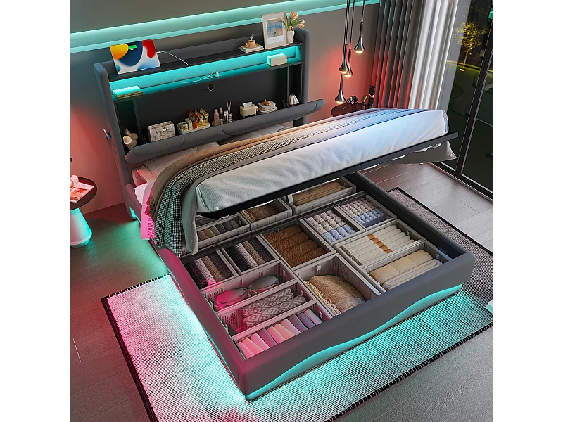 Lit capitonné moderne 160x200 cm avec tête de lit LED et rangements, espace de stockage inférieur, sommier à gaz silencieux, ports USB, poches latérales.