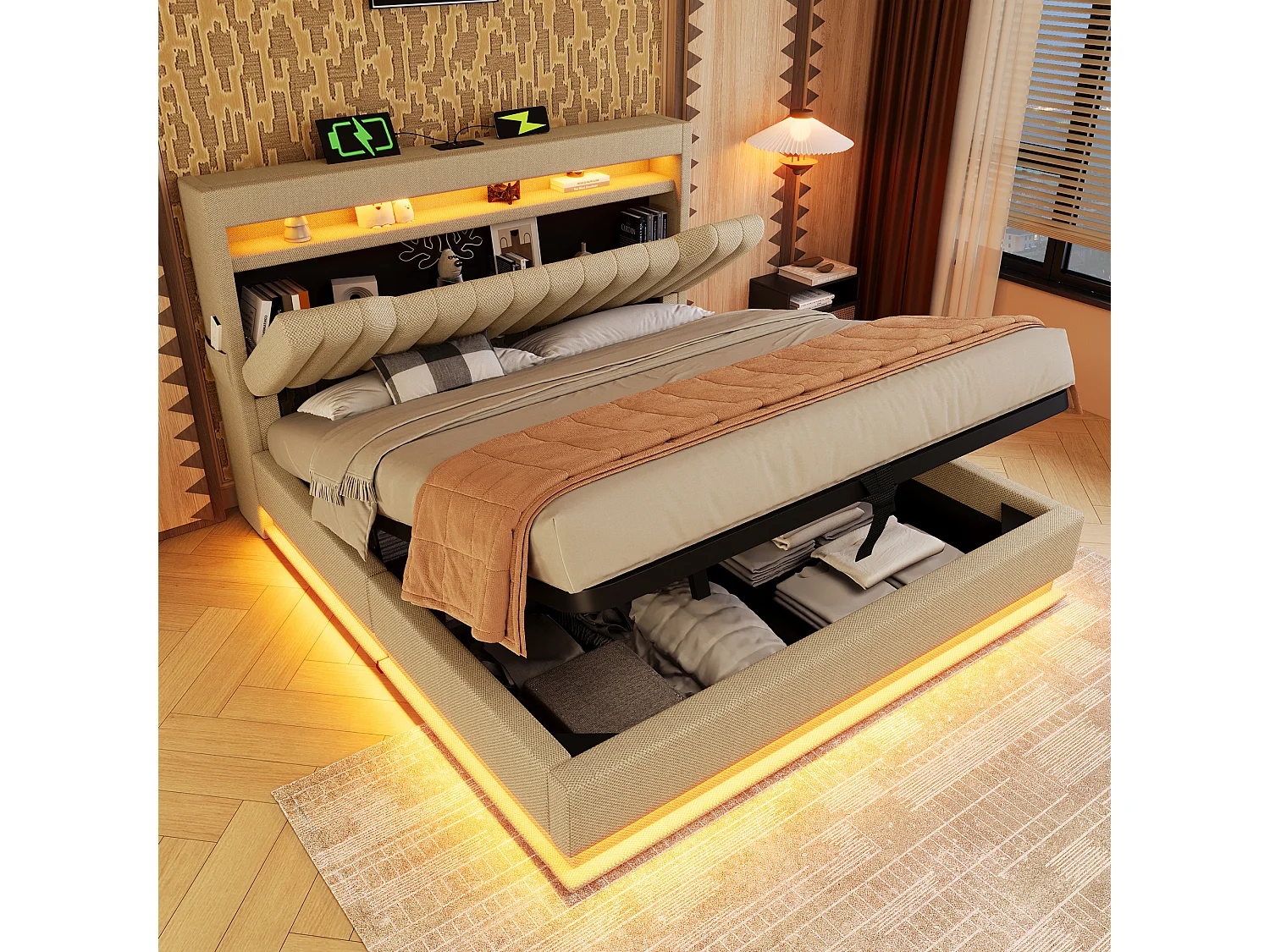 Lit tapissier double 160×200cm : Tête rangement + USB/Typ-C, LED au tête/pied, rangement hydraulique, beige, lin (sans matelas)