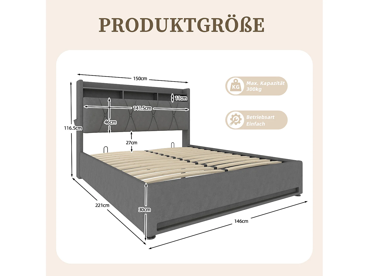 Cadre de lit rembourré 140x200cm (Gris) – Éclairage LED, chargeur USB Type-C, rangement sous-lit, tête de lit avec stockage, cadre hydraulique, sans matelas