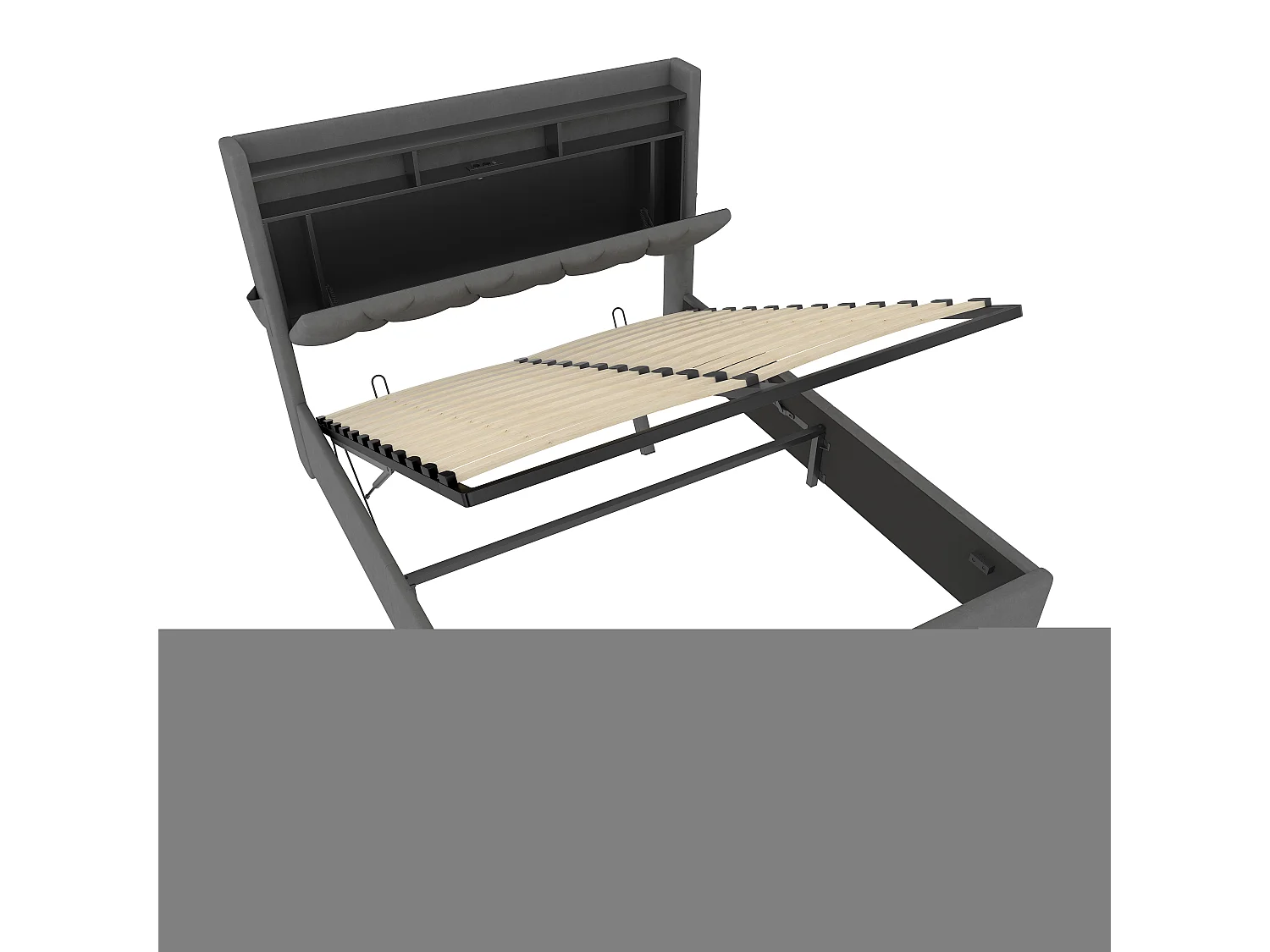 Cadre de lit rembourré 140x200cm (Gris) – Éclairage LED, chargeur USB Type-C, rangement sous-lit, tête de lit avec stockage, cadre hydraulique, sans matelas