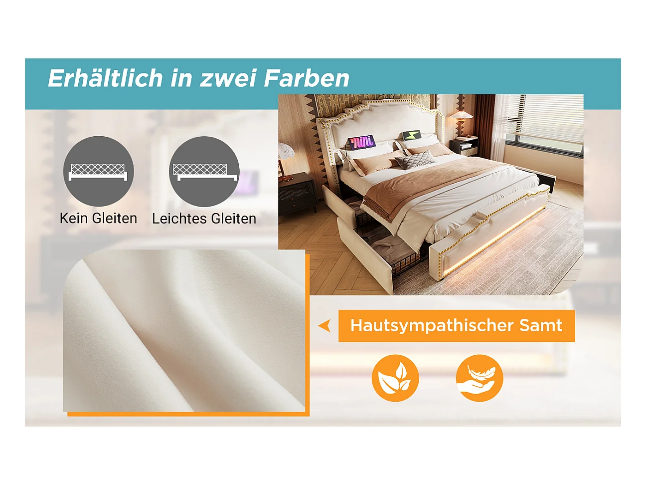 Lit tapissier double 160×200cm : 4 tiroirs, LED + prise USB-C, rangement + lit ado, lattes de support, velours, beige (sans matelas)