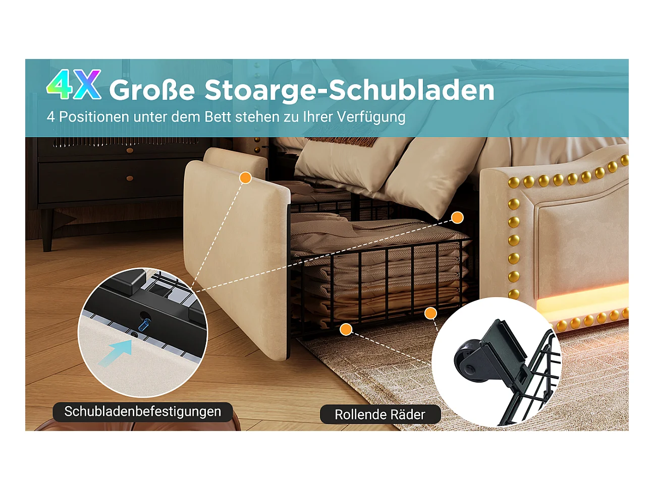 Lit tapissier double 160×200cm : 4 tiroirs, LED + prise USB-C, rangement + lit ado, lattes de support, velours, beige (sans matelas)