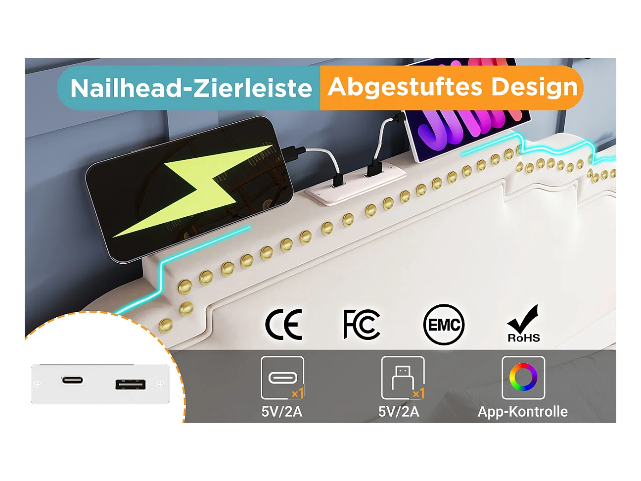 Lit tapissier double 160×200cm : 4 tiroirs, LED + prise USB-C, rangement + lit ado, lattes de support, velours, beige (sans matelas)