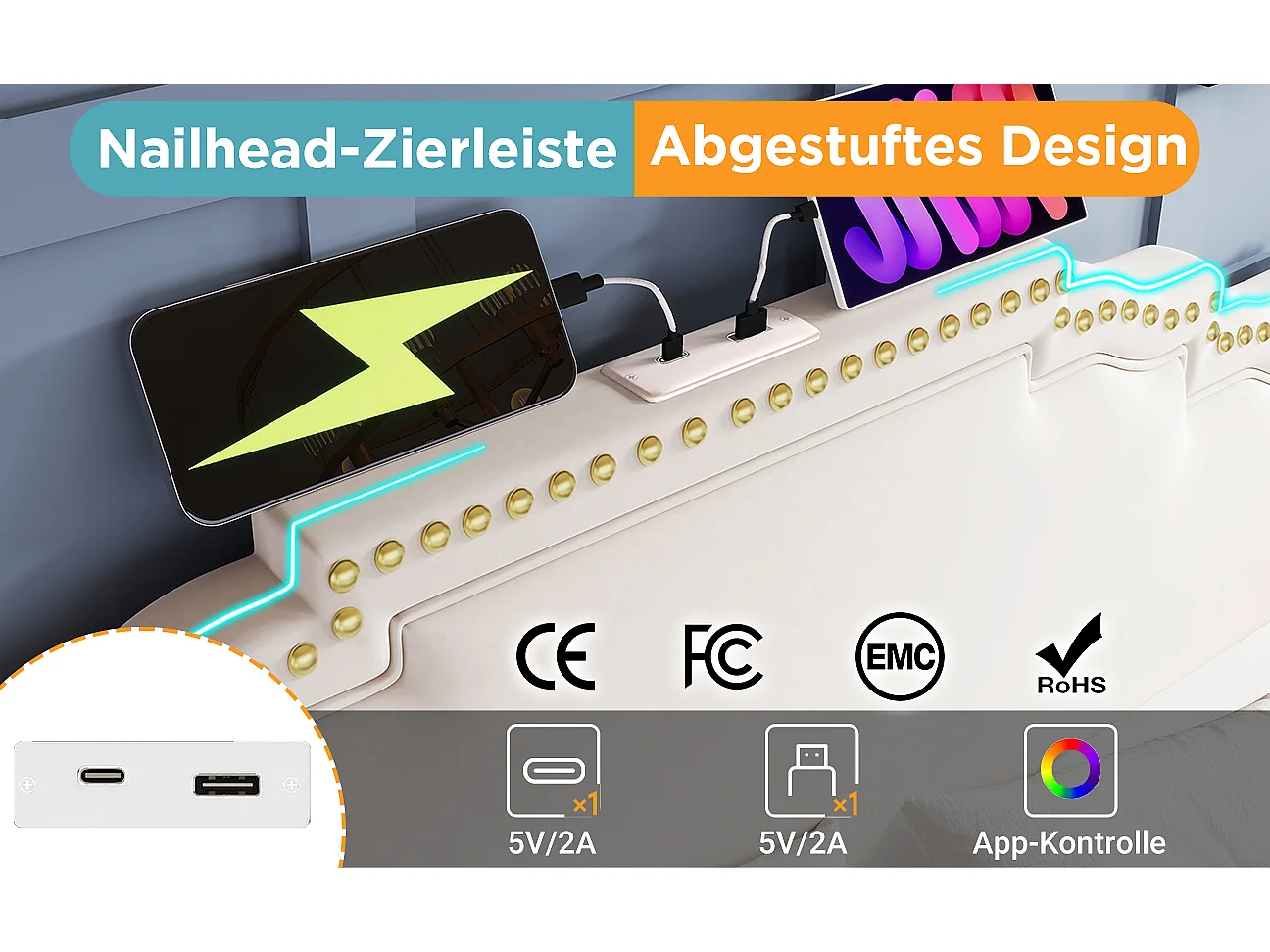 Lit tapissier double 160×200cm : 4 tiroirs, LED + prise USB-C, rangement + lit ado, lattes de support, velours, beige (sans matelas)