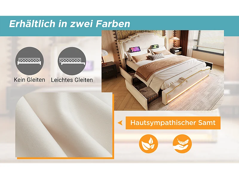 Lit tapissier double 160×200cm : 4 tiroirs, LED + prise USB-C, rangement + lit ado, lattes de support, velours, beige (sans matelas)