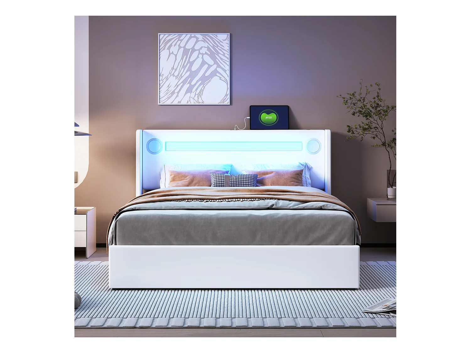 Lit 140 x 200 cm avec LED, Bluetooth et USB, en Cuir PU avec Rangement et Sommier, Blanc