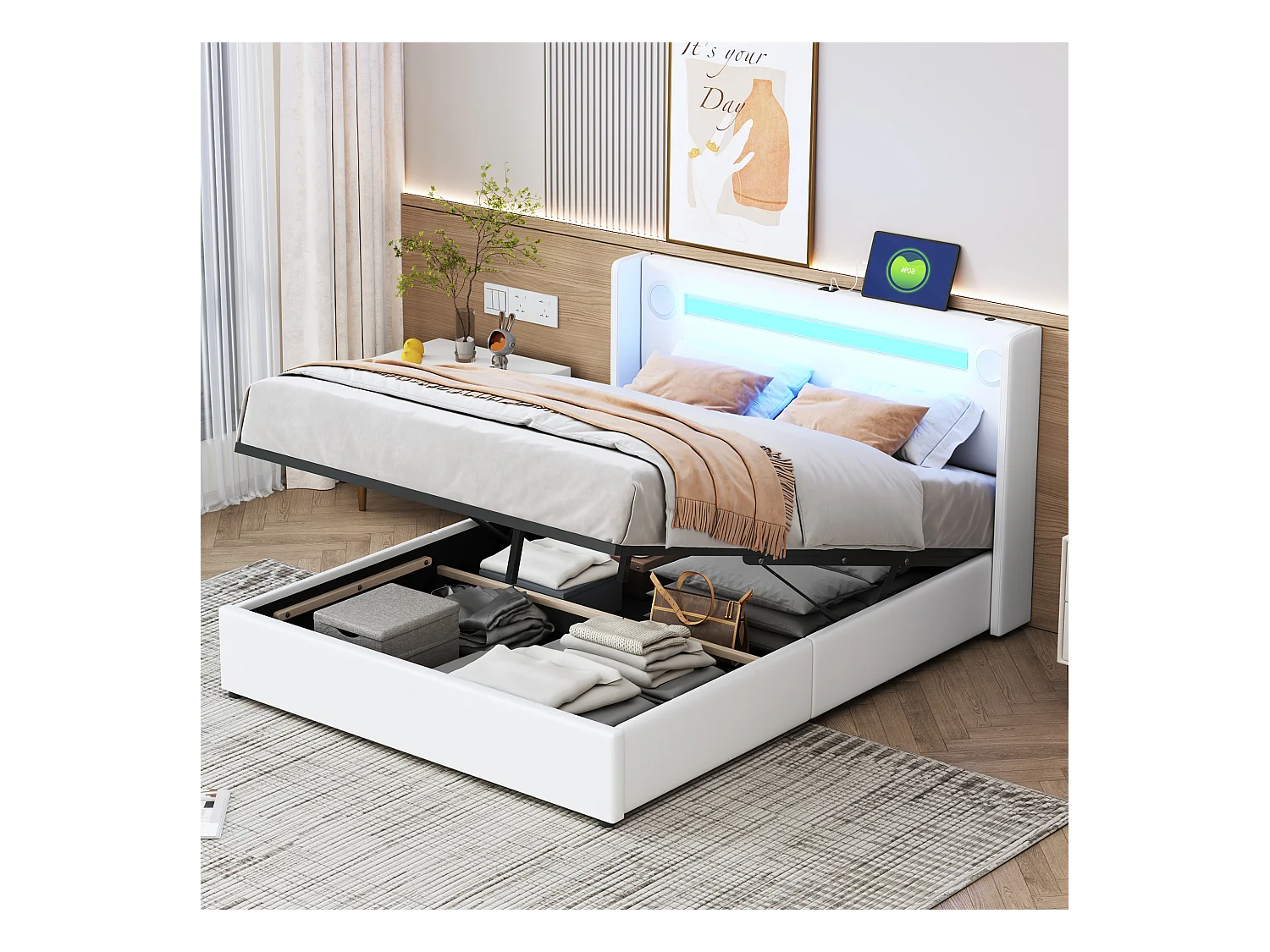 Lit 140 x 200 cm avec LED, Bluetooth et USB, en Cuir PU avec Rangement et Sommier, Blanc