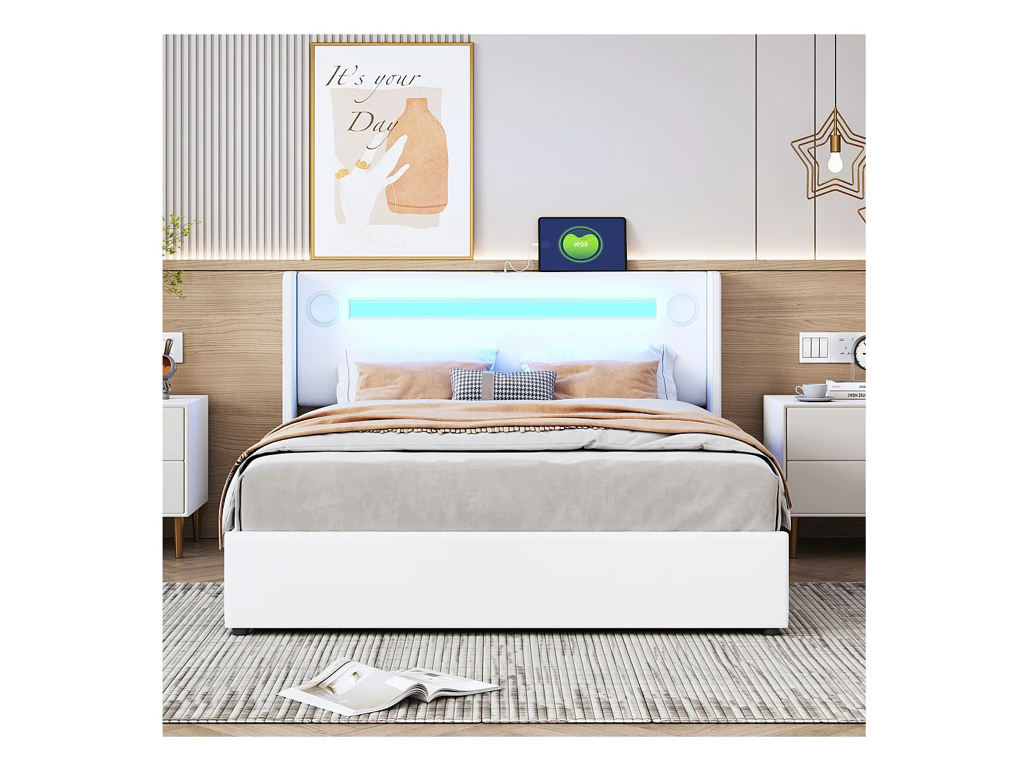 Lit 140 x 200 cm avec LED, Bluetooth et USB, en Cuir PU avec Rangement et Sommier, Blanc