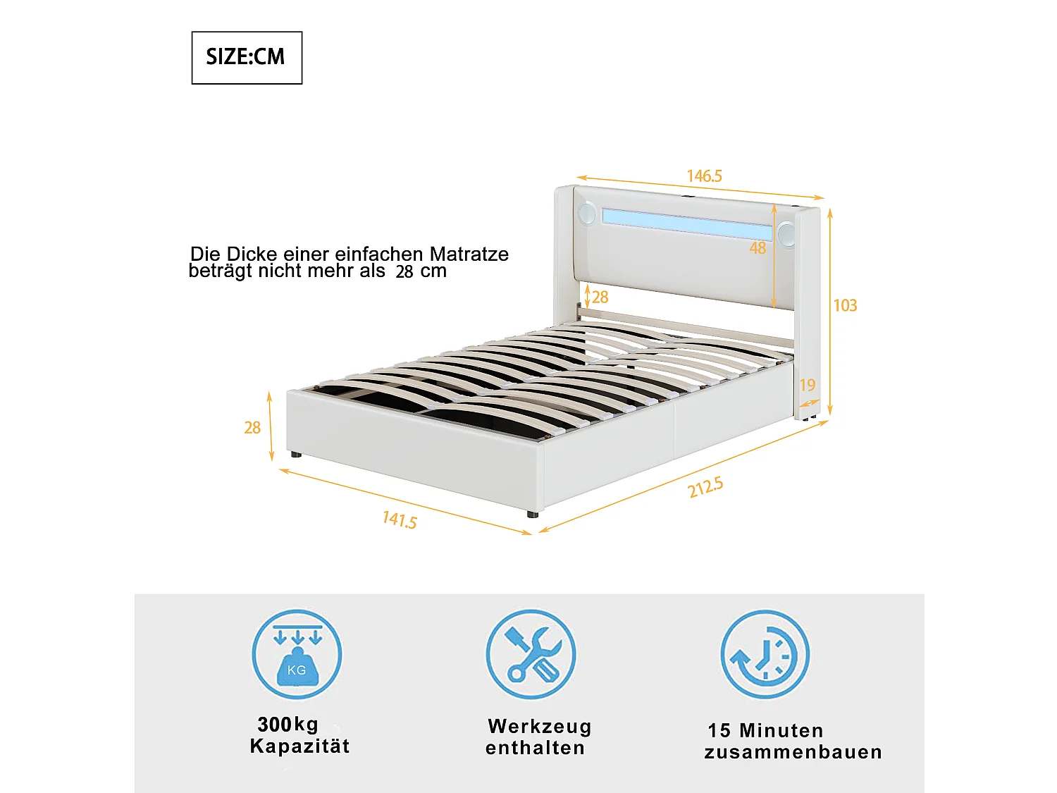 Lit 140 x 200 cm avec LED, Bluetooth et USB, en Cuir PU avec Rangement et Sommier, Blanc