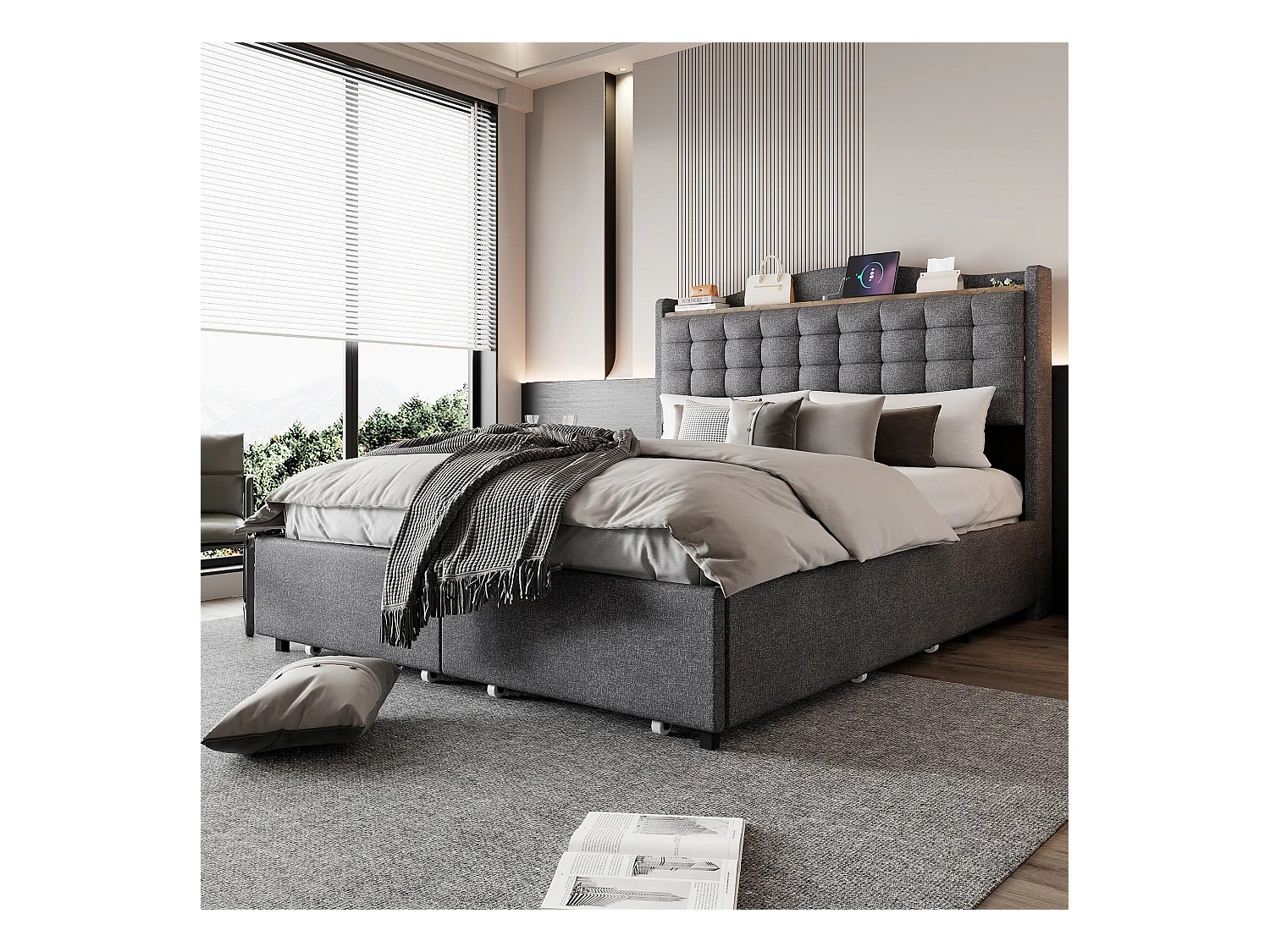 Lit Polster 140 x 200 cm, table de nuit avec port USB et étagère, lit double avec 4 tiroirs, tissu en lin gris.