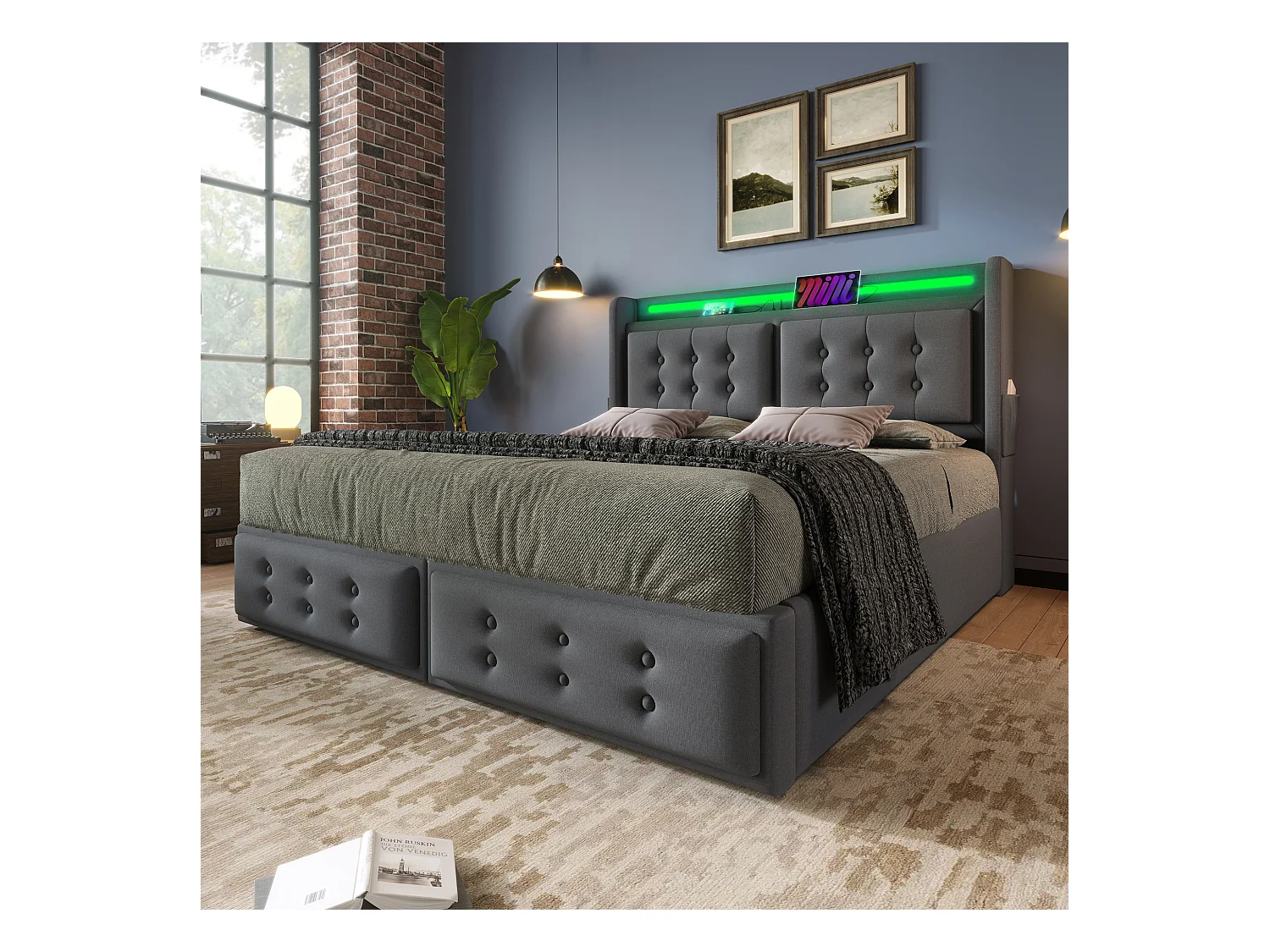 Lit double 160x200 avec tête de lit LED et port USB-C, lit hydraulique avec sommier en bois et cadre métallique, capacité 300 kg, gris, coton (sans matelas)