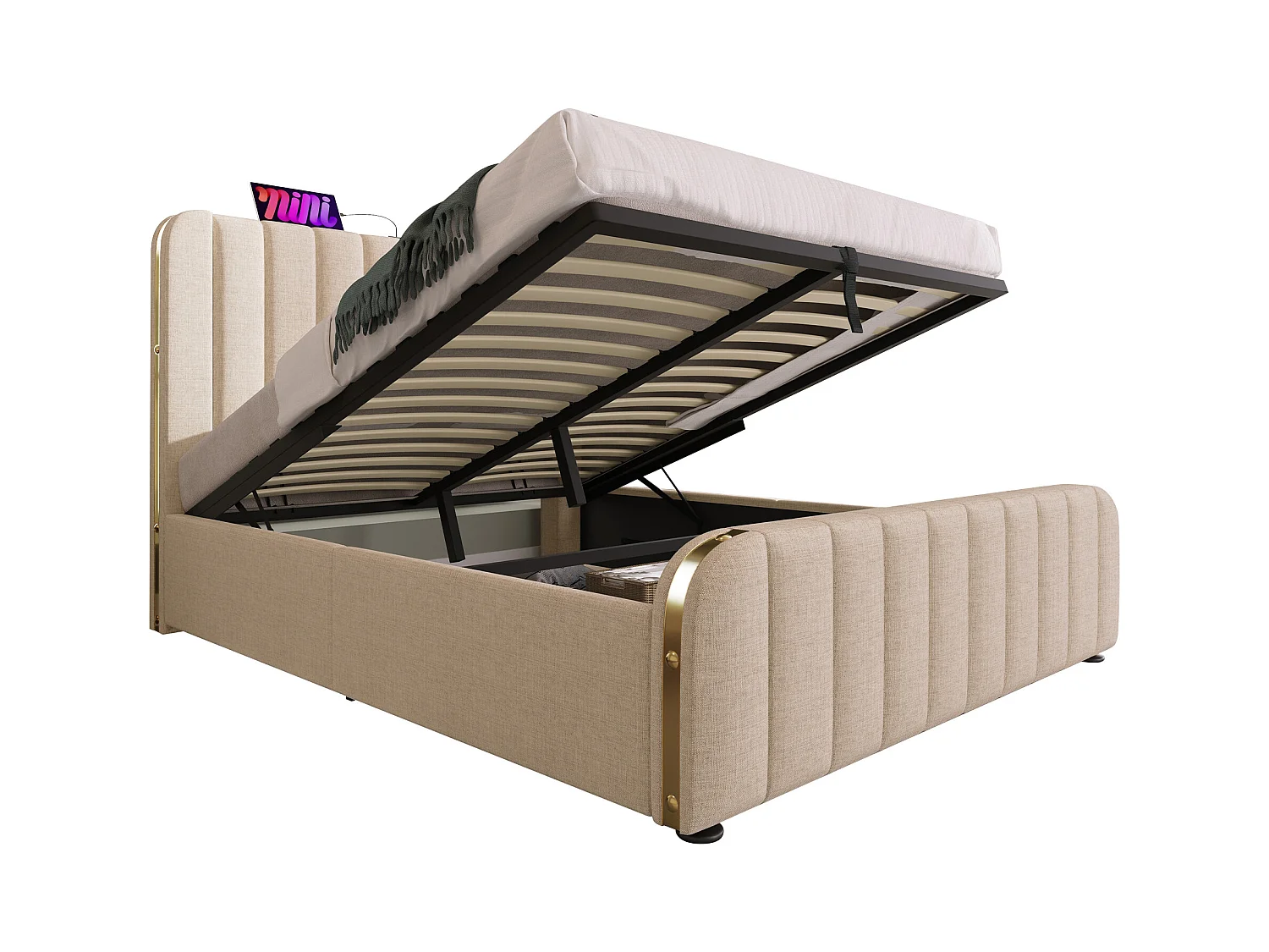 Lit double 140x200 avec tête rembourrée, décor doré, port USB-C, rangement hydraulique, capacité 181 kg, lin beige, sans matelas.