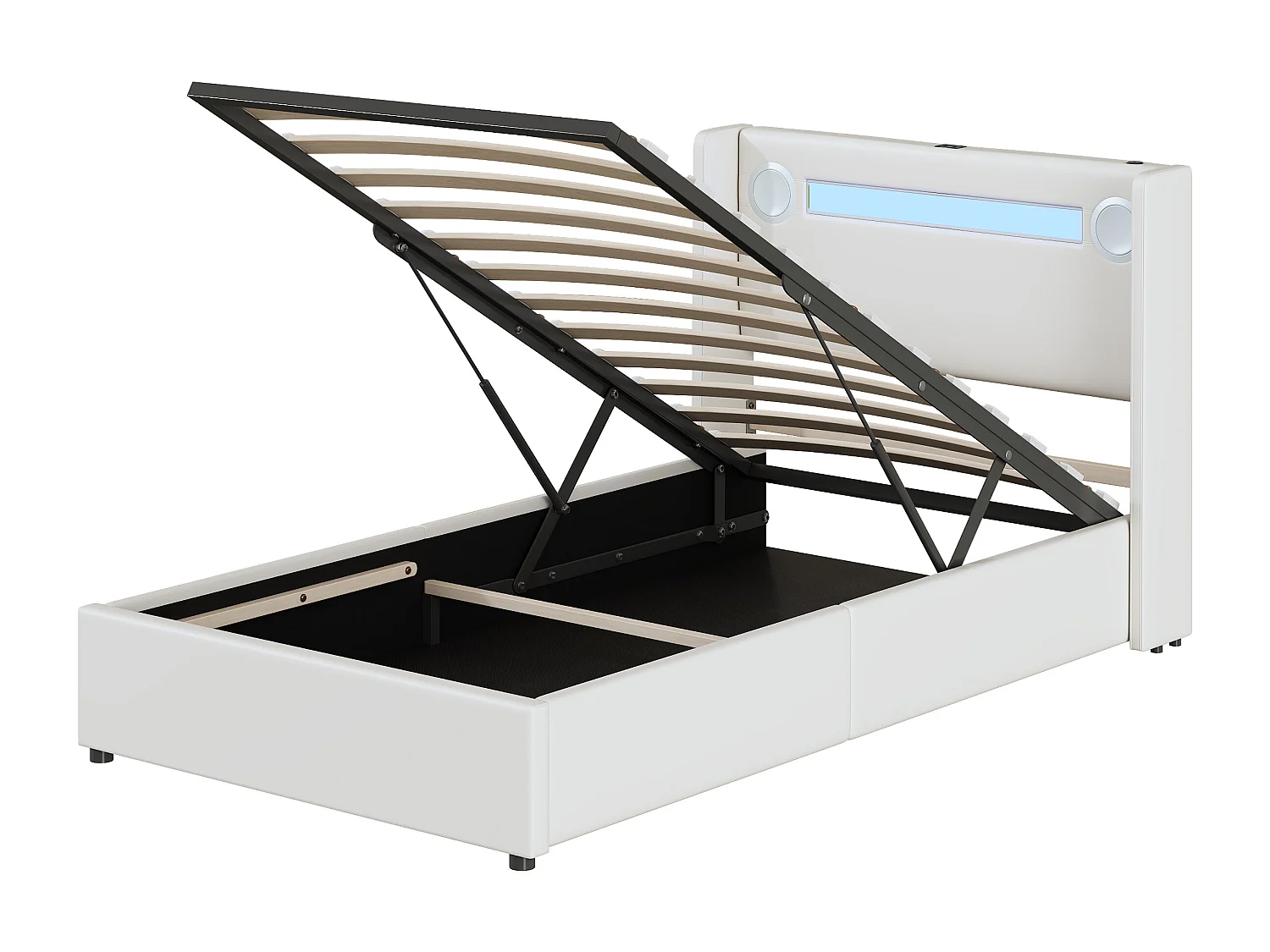 Lit Enfant 90 x 200 cm avec LED, Bluetooth et USB, en Cuir PU avec Rangement et Sommier à Lattes