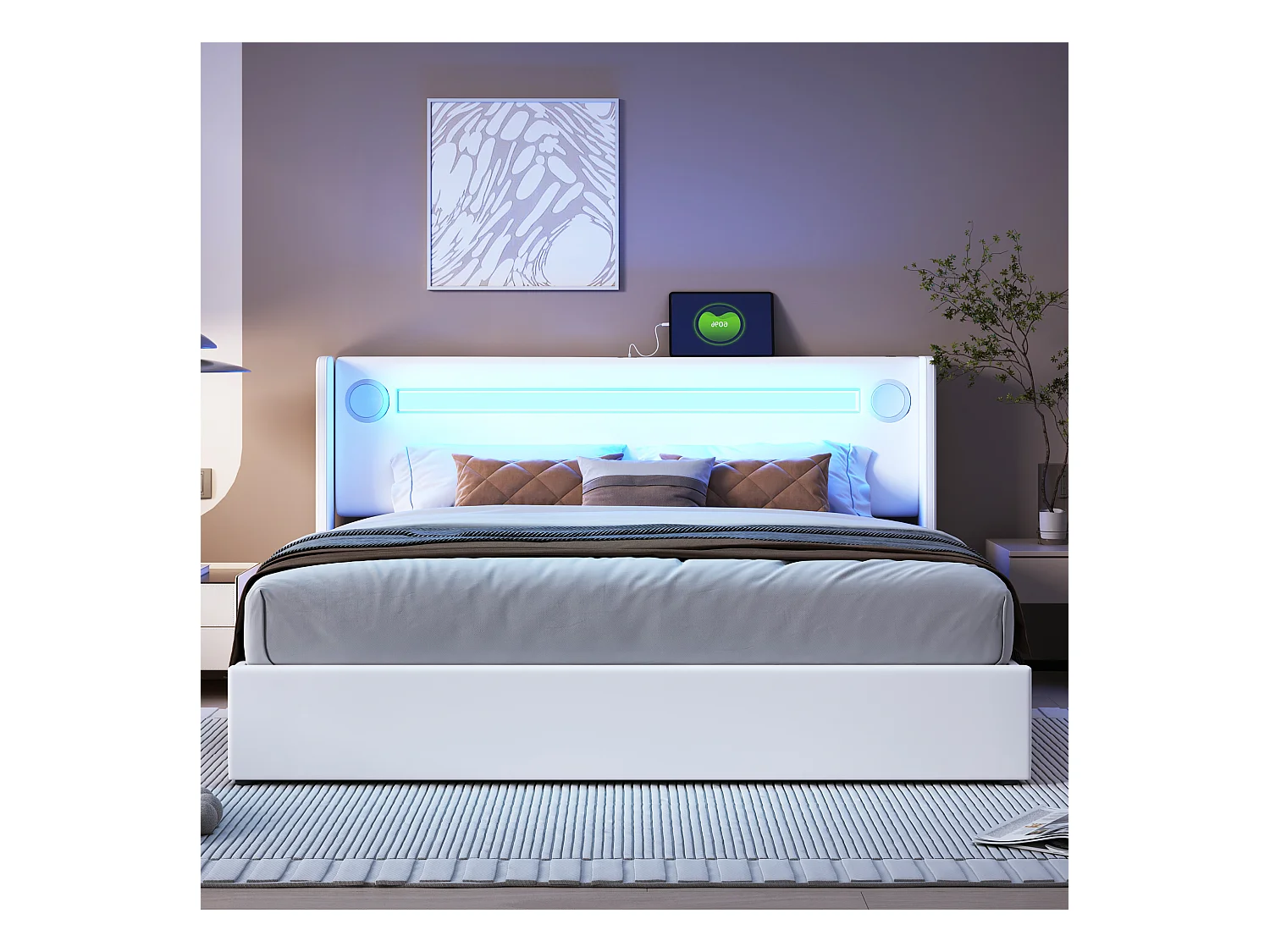 Lit 160 x 200 cm avec LED, Bluetooth et USB, en Cuir PU avec Rangement et Sommier, Blanc