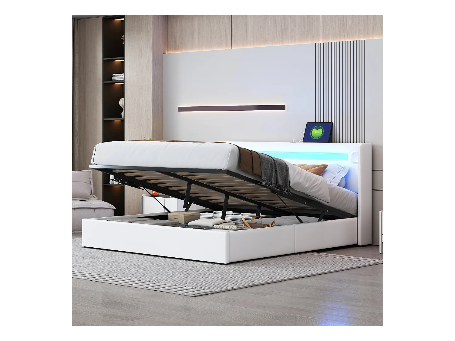 Lit 160 x 200 cm avec LED, Bluetooth et USB, en Cuir PU avec Rangement et Sommier, Blanc