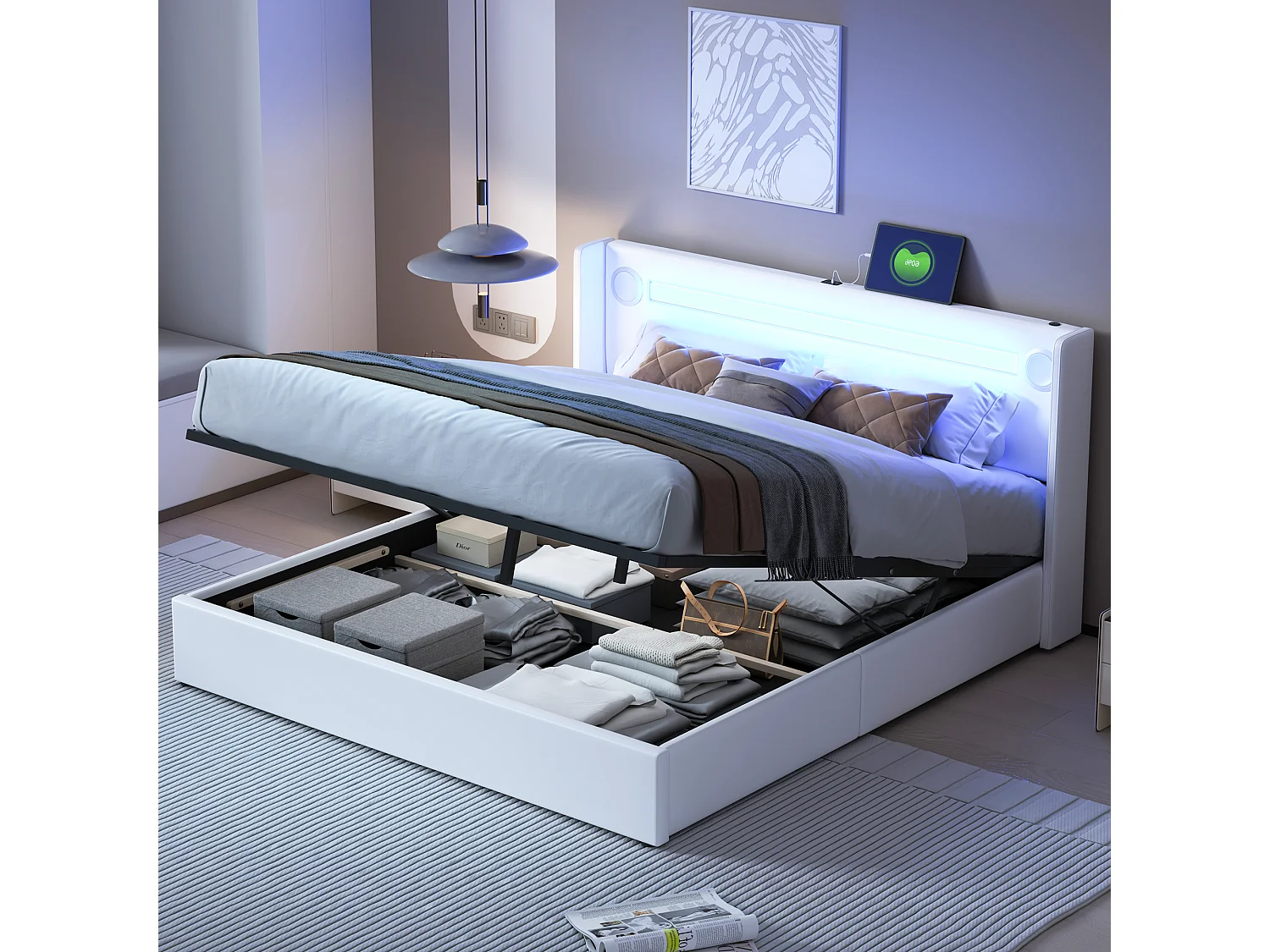 Lit 160 x 200 cm avec LED, Bluetooth et USB, en Cuir PU avec Rangement et Sommier, Blanc