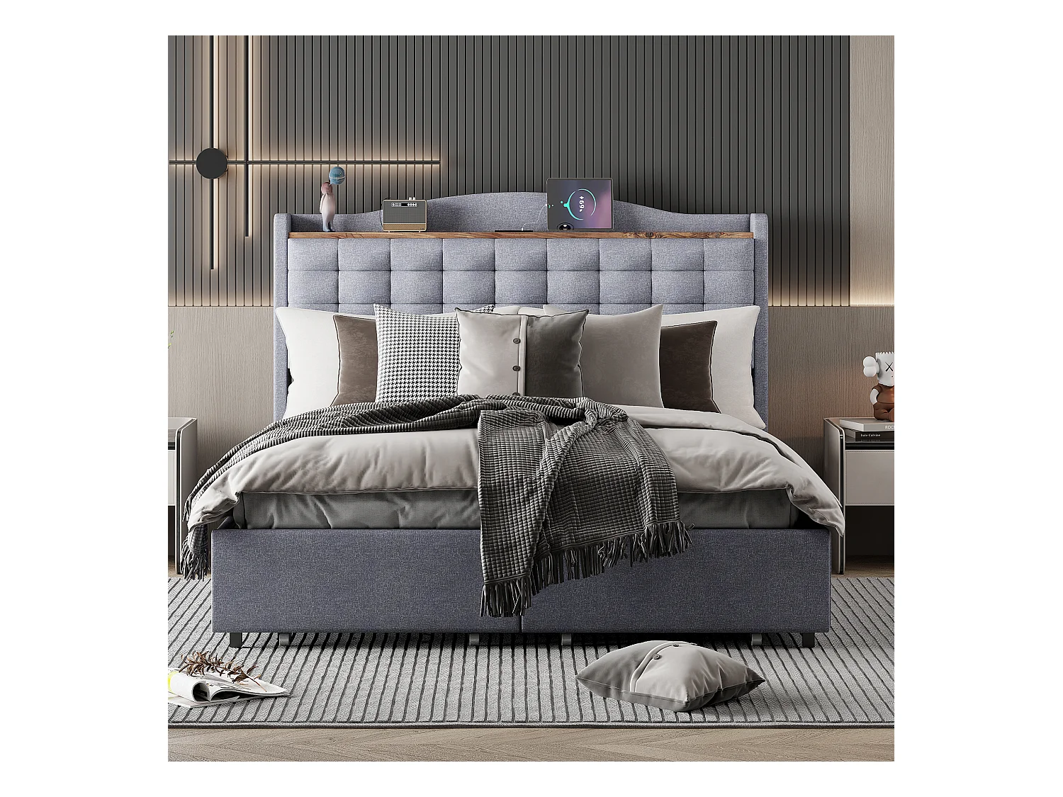 Lit Polster 140 x 200 cm, table de nuit avec port USB et étagère, lit double avec 4 tiroirs, tissu en lin gris.