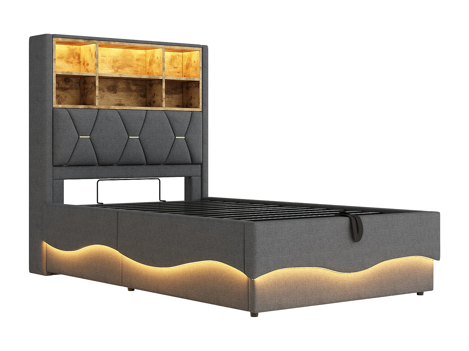 Lit enfant 90x200 cm gris, rangement hydraulique, LED contrôlé par APP, port USB, sommier métallique, tissu lin rembourré