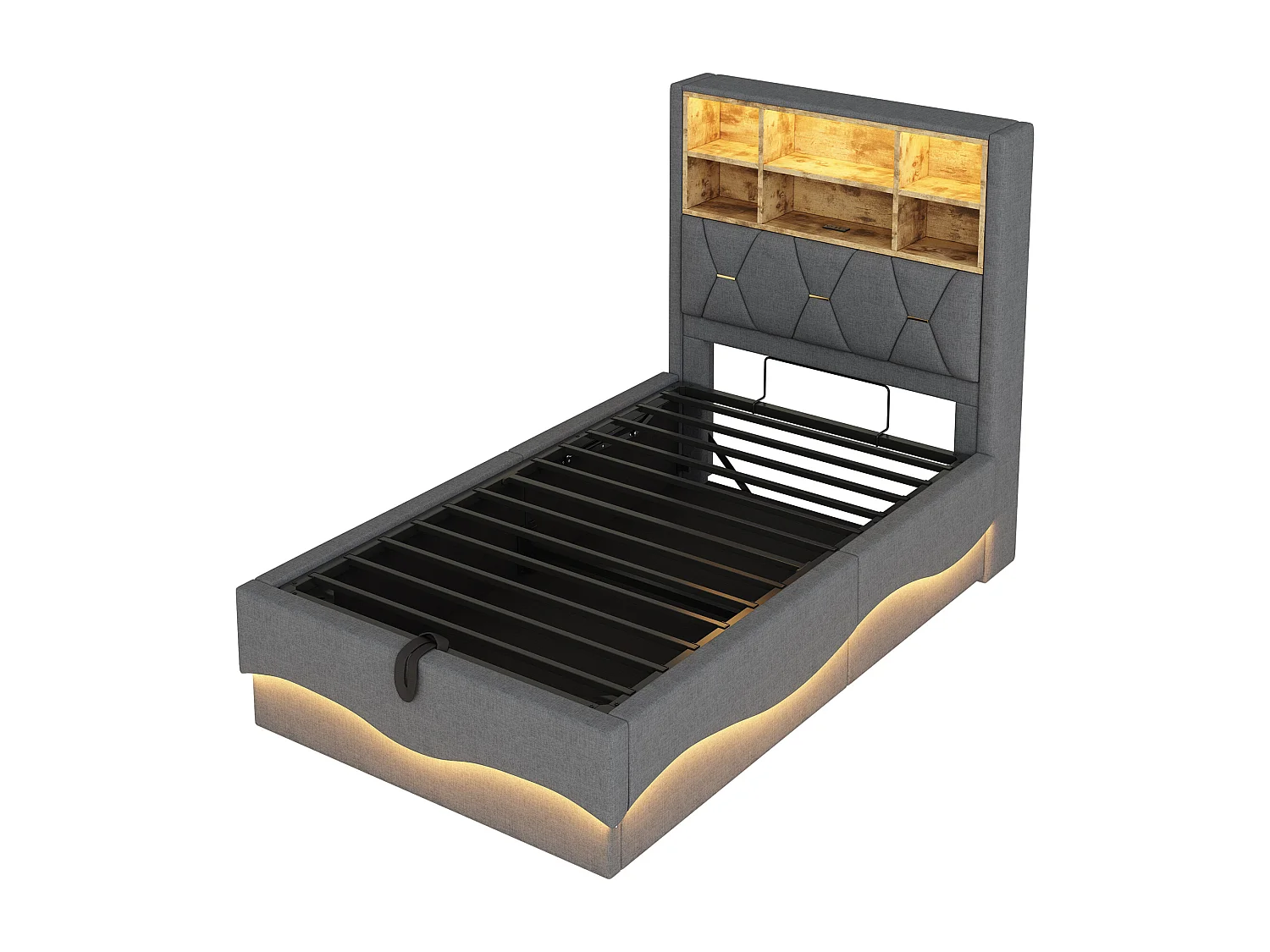 Lit enfant 90x200 cm gris, rangement hydraulique, LED contrôlé par APP, port USB, sommier métallique, tissu lin rembourré