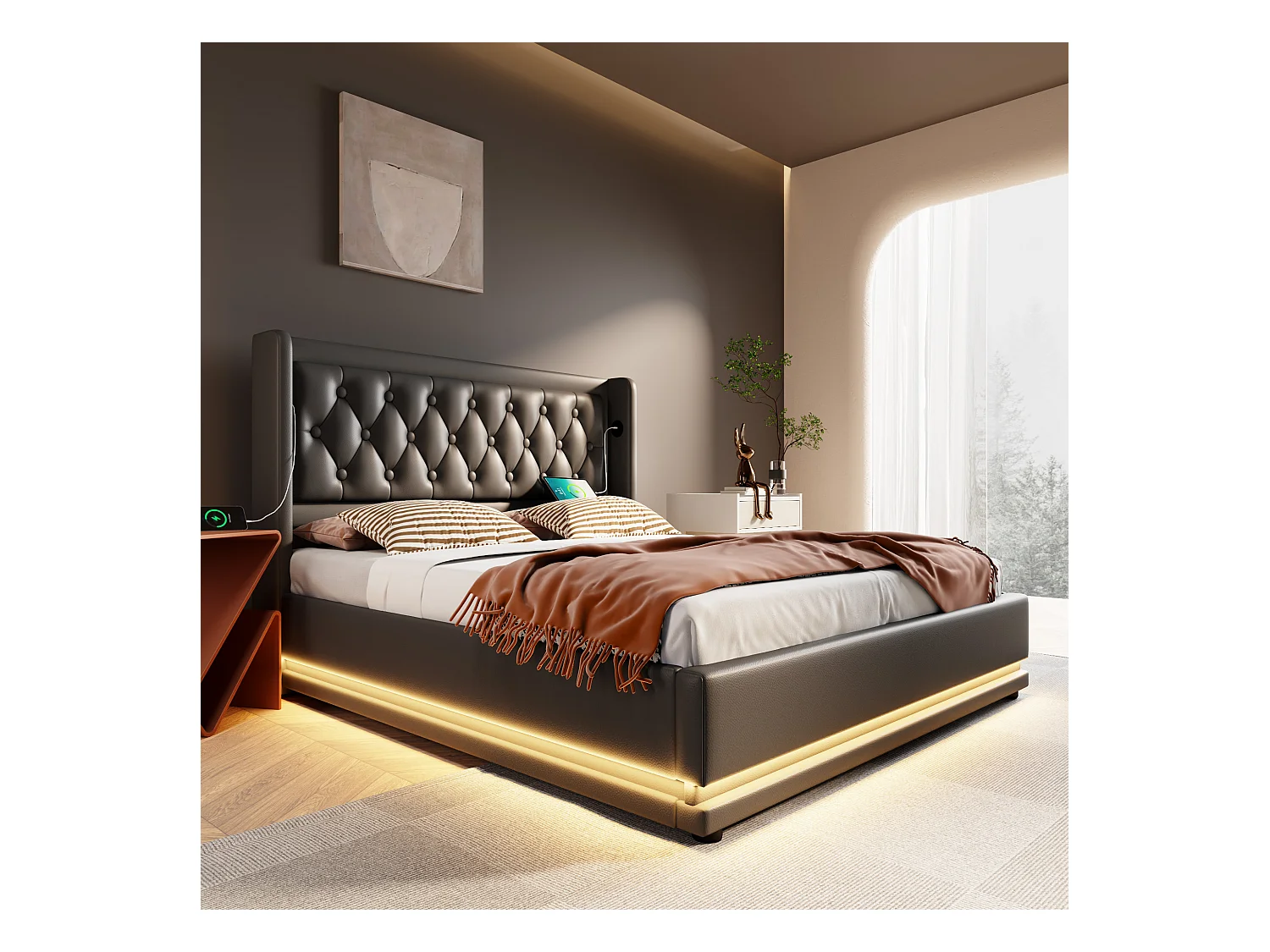 Lit double 160x200 cm noir en PU avec LED 3 côtés, tête rembourrée, USB Type-C, lit coffre hydraulique (sans matelas)