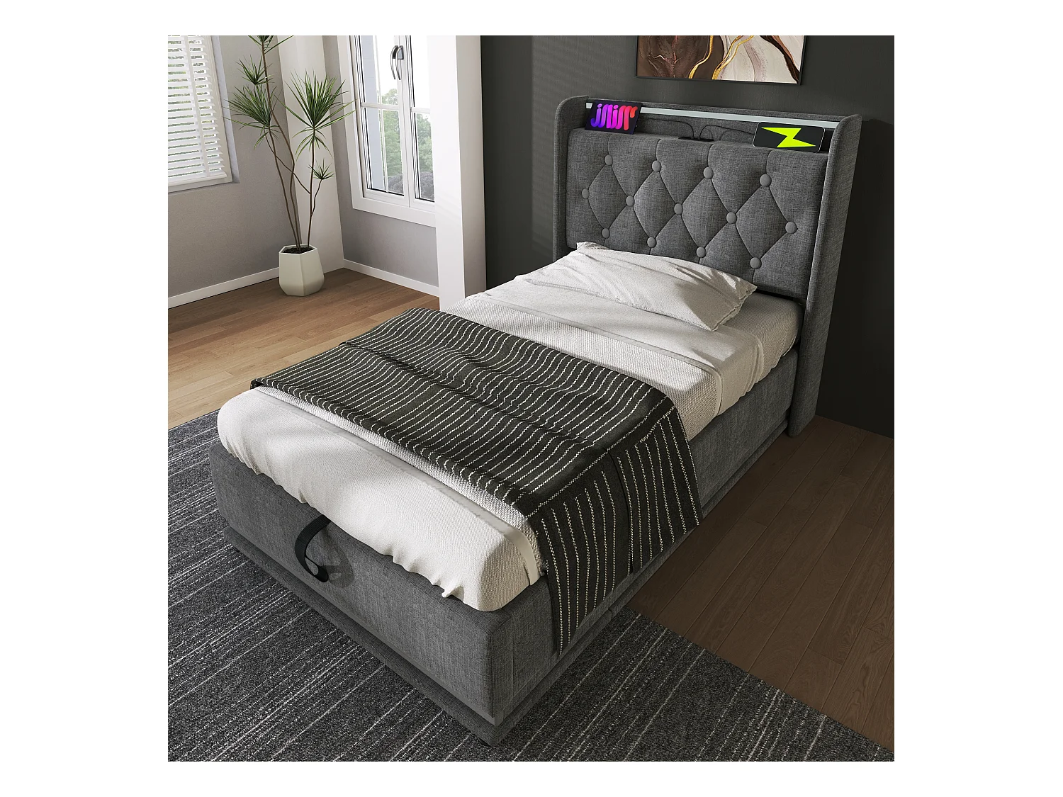 Lit simple 90x200 avec LED 360°, tête rembourrée, contrôle tactile/app/télécommande, USB Type-C, lin gris, hydraulique (sans matelas)