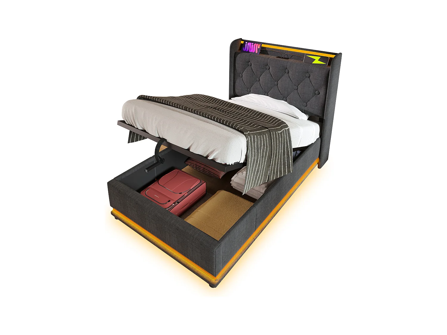 Lit simple 90x200 avec LED 360°, tête rembourrée, contrôle tactile/app/télécommande, USB Type-C, lin gris, hydraulique (sans matelas)