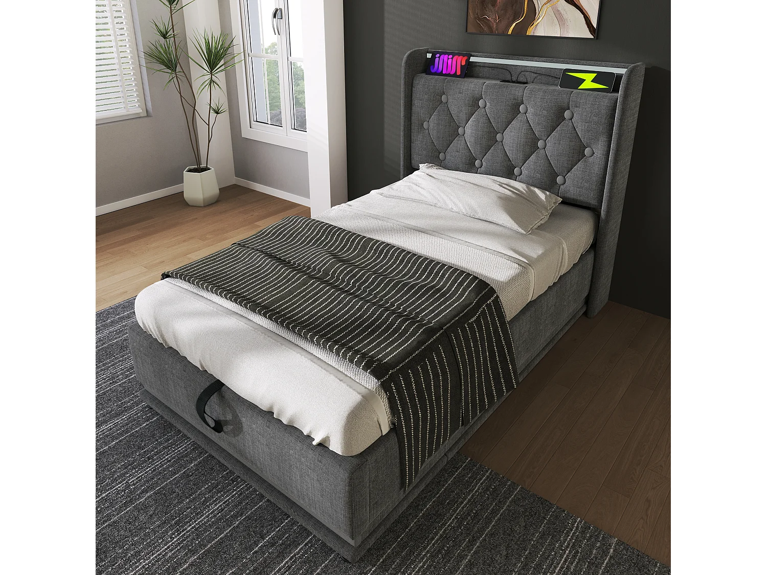 Lit simple 90x200 avec LED 360°, tête rembourrée, contrôle tactile/app/télécommande, USB Type-C, lin gris, hydraulique (sans matelas)