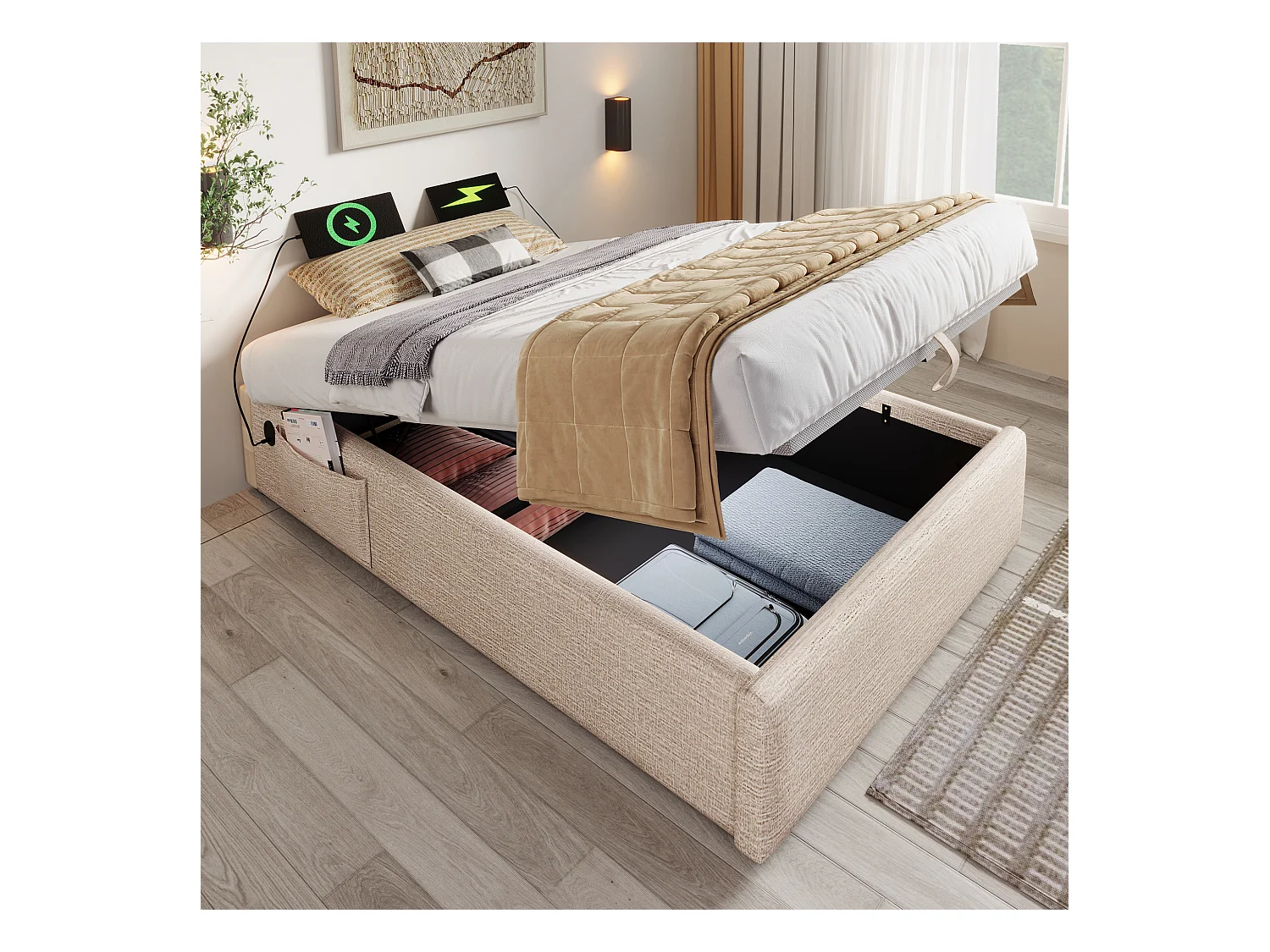 Lit tapissier simple 90×190cm : Lit à rangement (USB-C), lattes de support pleine surface, sans tête de lit, lin, naturel