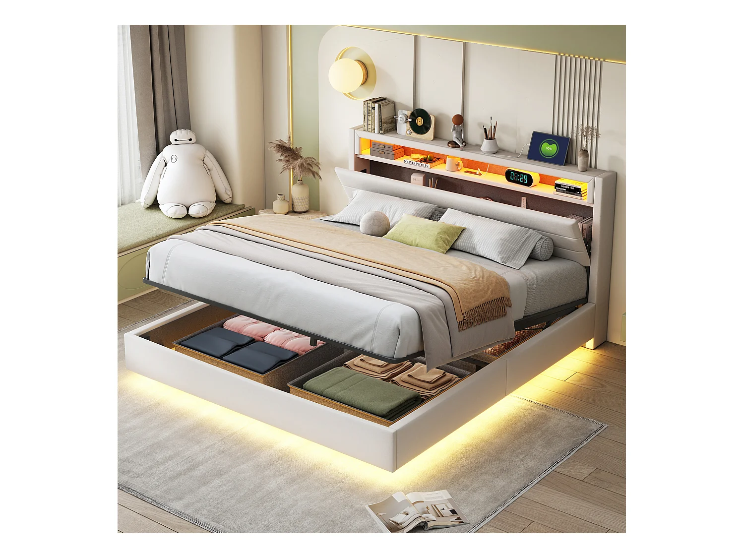 Lit 160x200 cm beige avec cadre flottant hydraulique, rangement, port USB, lumière LED, tête de lit réversible, tissu en lin
