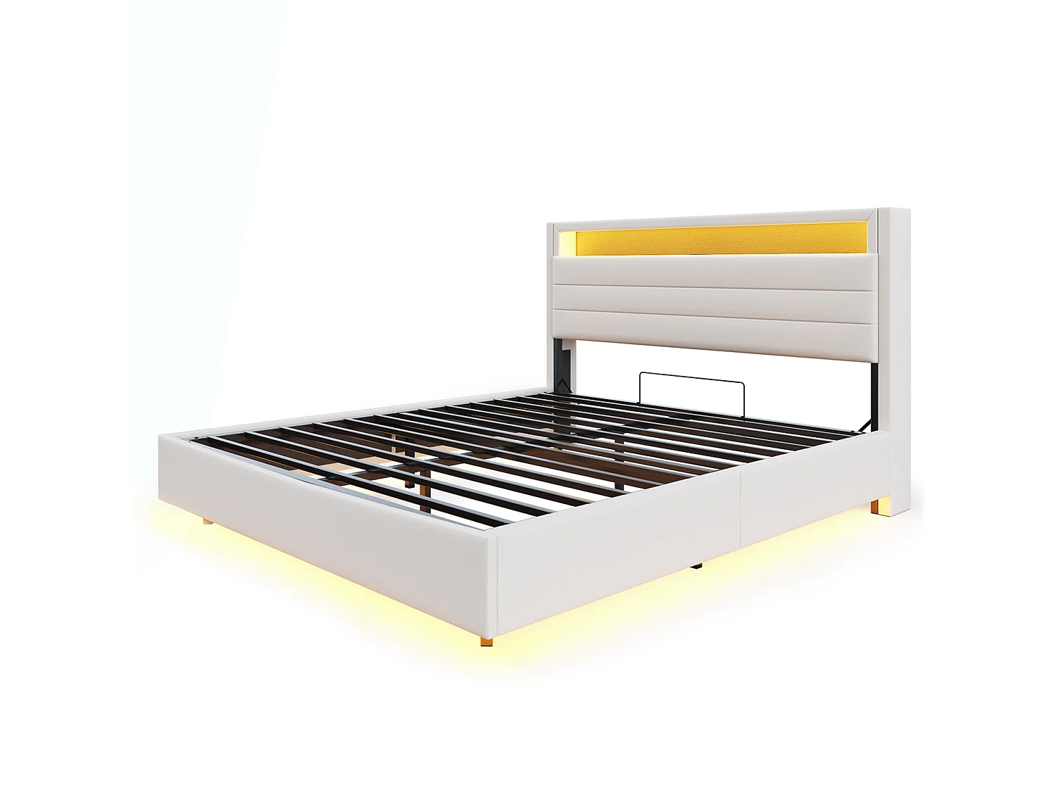 Lit 160x200 cm beige avec cadre flottant hydraulique, rangement, port USB, lumière LED, tête de lit réversible, tissu en lin