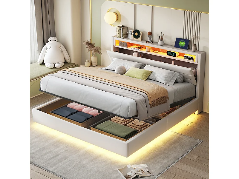 Lit 160x200 cm beige avec cadre flottant hydraulique, rangement, port USB, lumière LED, tête de lit réversible, tissu en lin