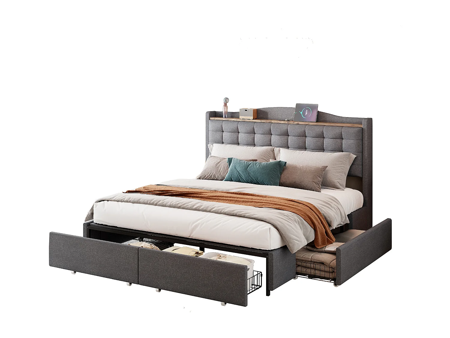 Lit Polster 160 x 200 cm, table de nuit avec port USB et étagère, lit double avec 4 tiroirs, tissu en lin gris.