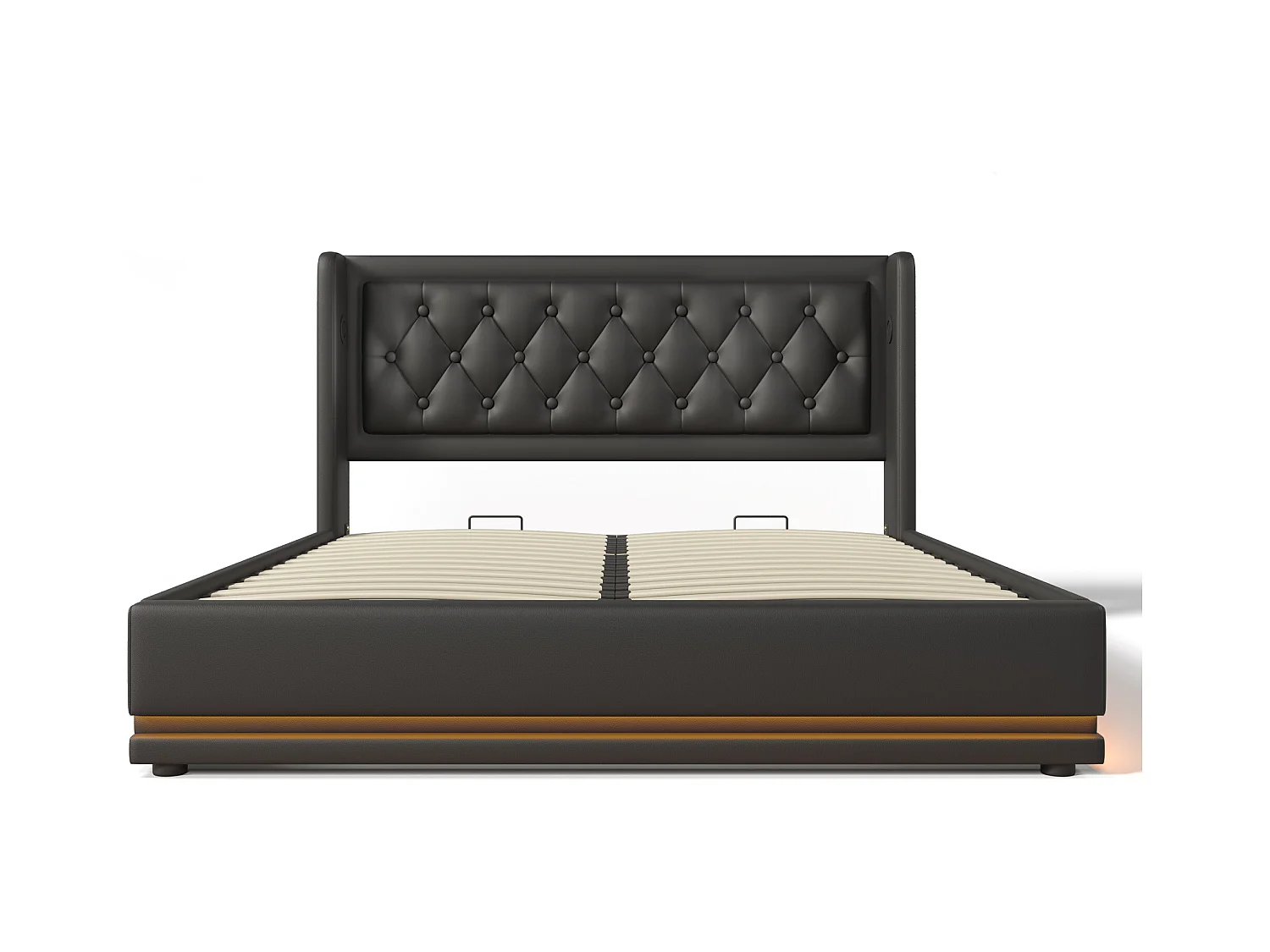 Lit double 140x200 cm noir en PU avec LED 3 côtés, tête rembourrée, USB Type-C, lit coffre hydraulique (sans matelas)