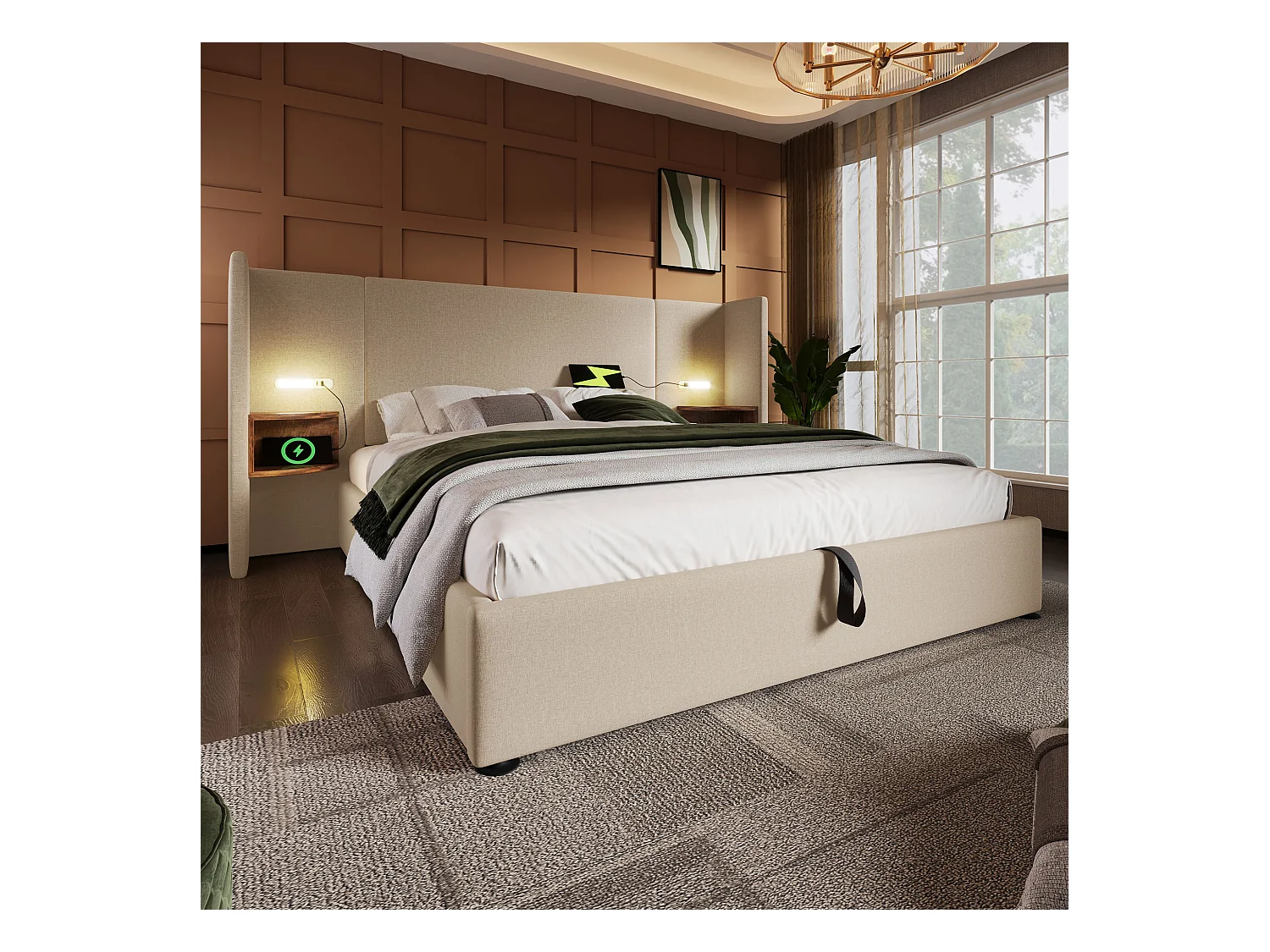 Lit Polster 160x200 cm avec table de nuit, lampe de lecture, port USB-C, sommier bois/métal, tissu côtelé beige-blanc, sans matelas – idéal chambre moderne.