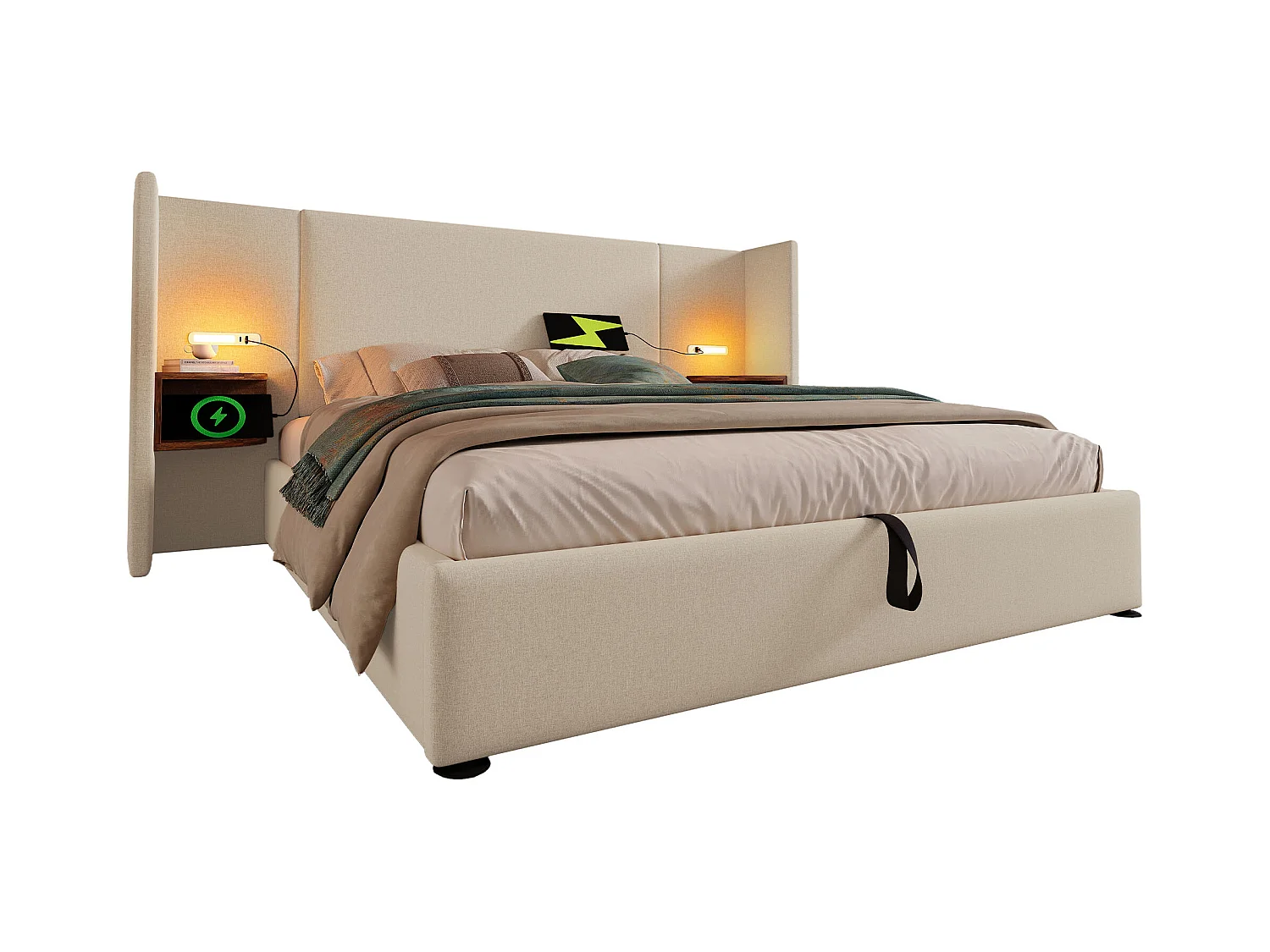 Lit Polster 160x200 cm avec table de nuit, lampe de lecture, port USB-C, sommier bois/métal, tissu côtelé beige-blanc, sans matelas – idéal chambre moderne.