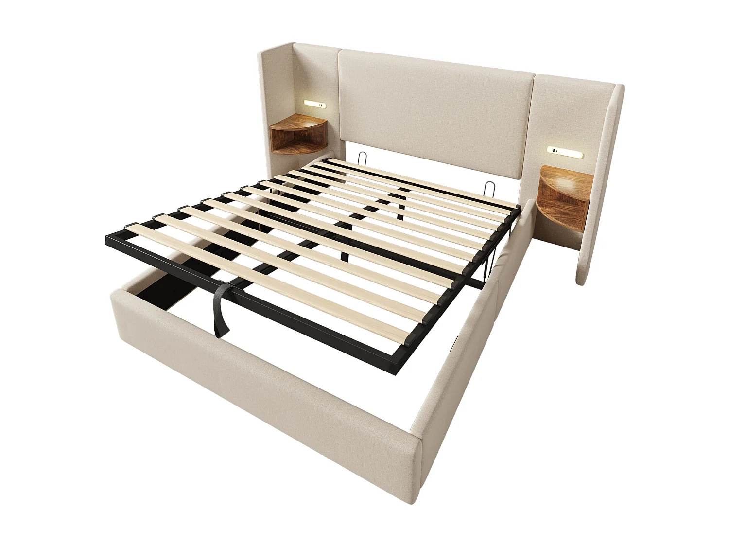 Lit Polster 160x200 cm avec table de nuit, lampe de lecture, port USB-C, sommier bois/métal, tissu côtelé beige-blanc, sans matelas – idéal chambre moderne.