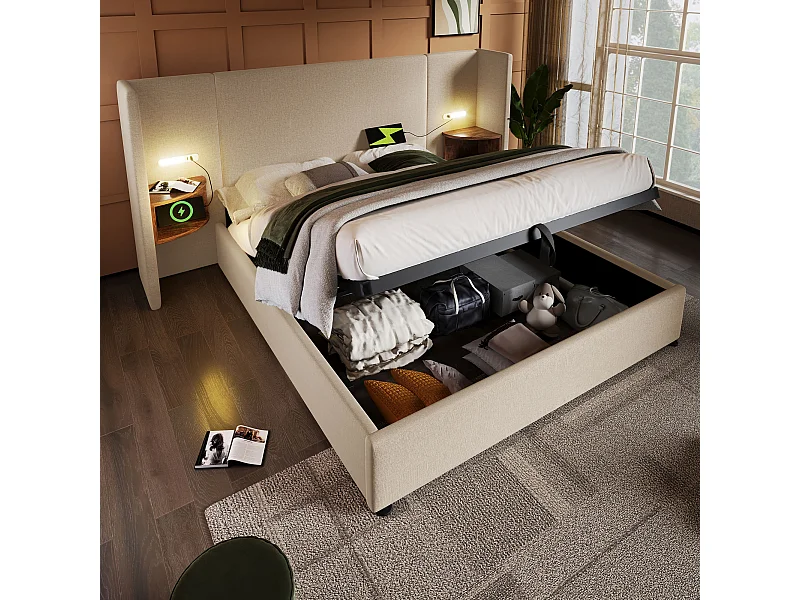 Lit Polster 160x200 cm avec table de nuit, lampe de lecture, port USB-C, sommier bois/métal, tissu côtelé beige-blanc, sans matelas – idéal chambre moderne.