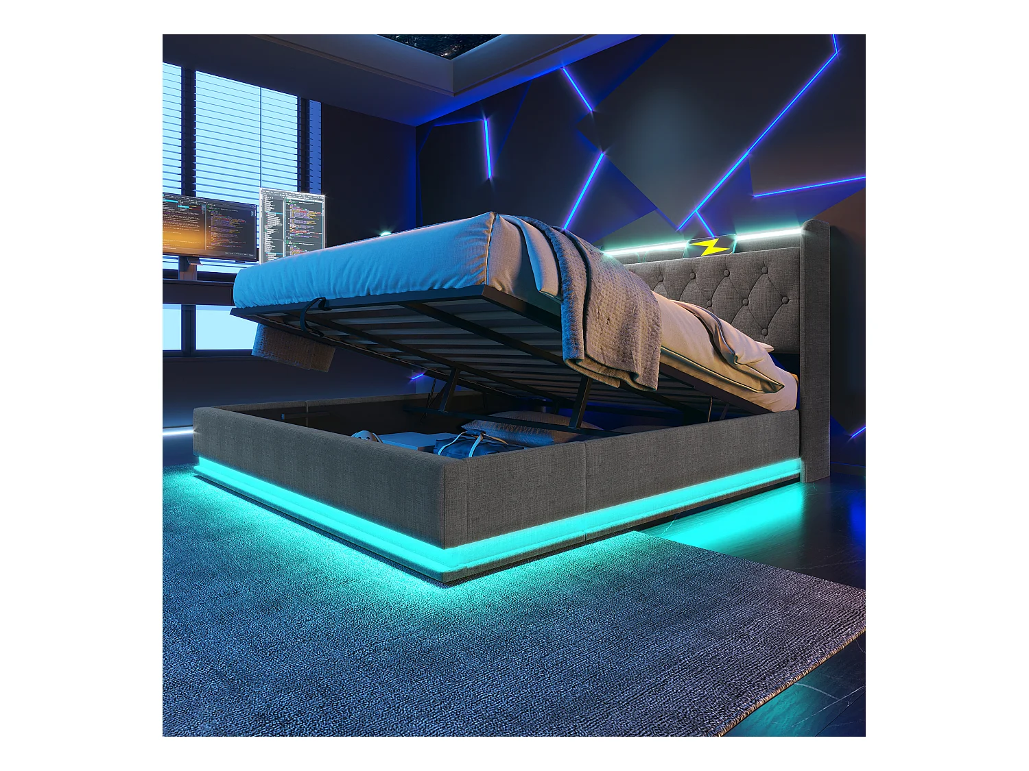 Lit double 180x200 avec LED 360°, tête rembourrée, commande tactile/app/télécommande, USB Type-C, lin gris, hydraulique (sans matelas)