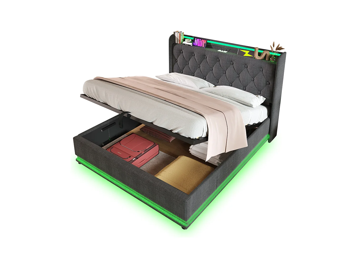 Lit double 180x200 avec LED 360°, tête rembourrée, commande tactile/app/télécommande, USB Type-C, lin gris, hydraulique (sans matelas)