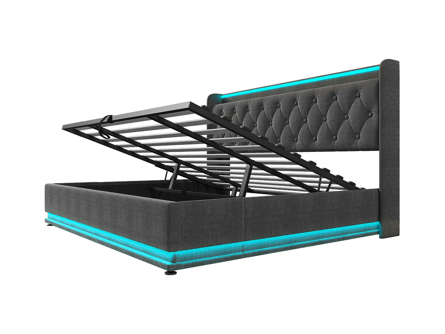 Lit double 180x200 avec LED 360°, tête rembourrée, commande tactile/app/télécommande, USB Type-C, lin gris, hydraulique (sans matelas)