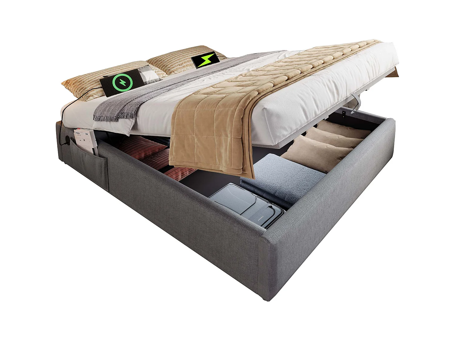 Lit tapissier double 160×200cm : Lit à rangement (USB-C), lattes de support pleine surface, sans tête de lit, coton, gris