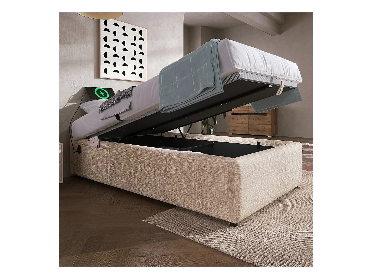 Lit tapissier simple 90×200cm : Lit à rangement (USB-C), lattes de support pleine surface, sans tête de lit, lin, naturel