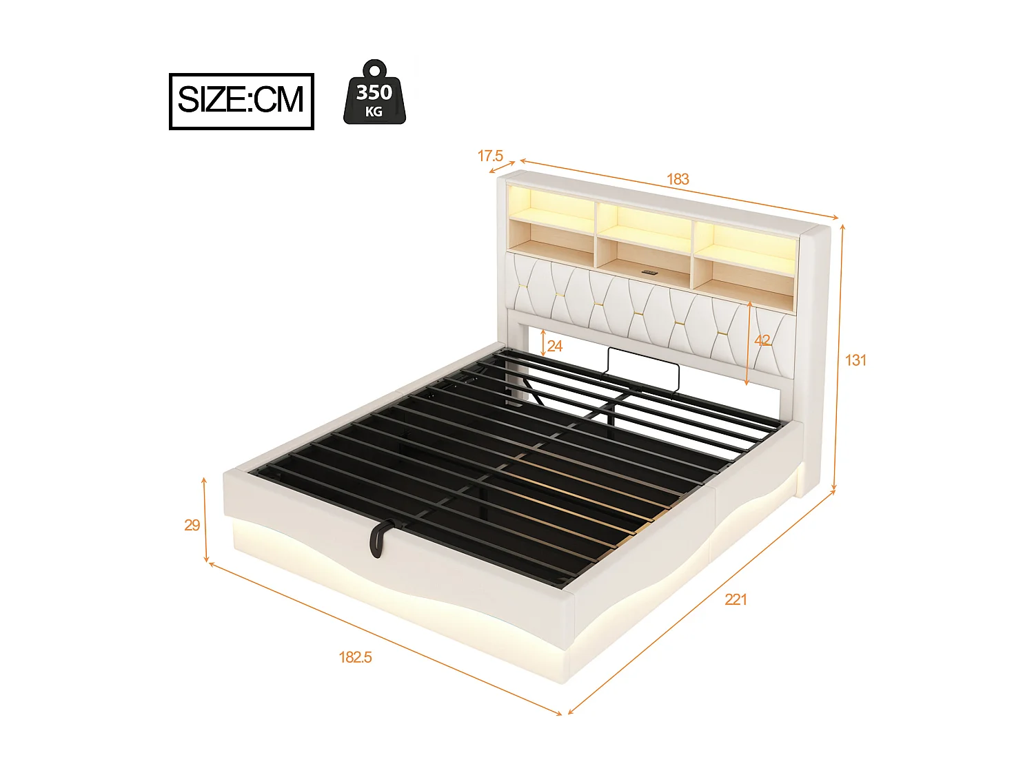 Lit 180x200 cm beige avec rangement hydraulique, LED contrôlées par APP, port USB, sommier métal, revêtement en lin