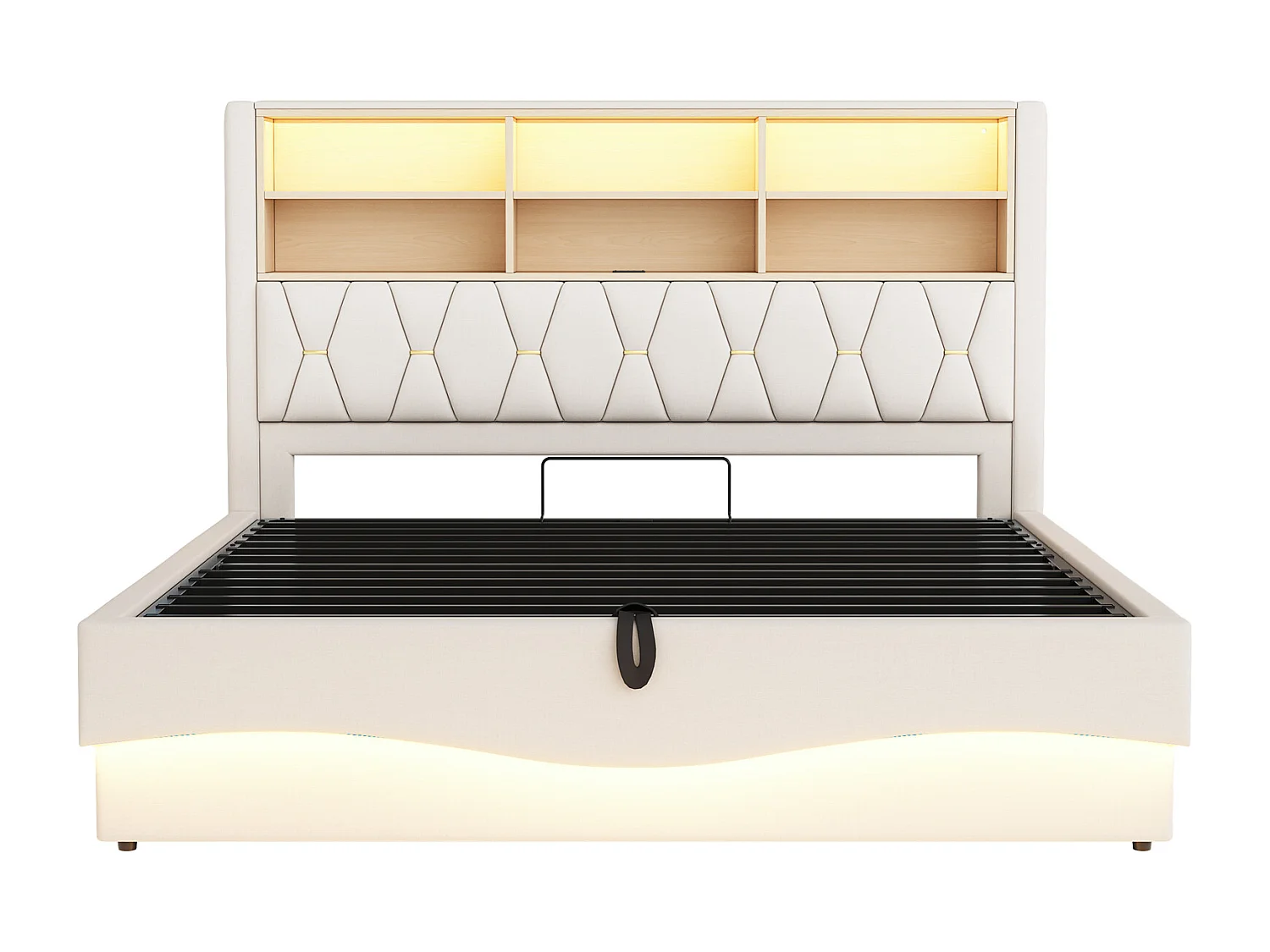 Lit 180x200 cm beige avec rangement hydraulique, LED contrôlées par APP, port USB, sommier métal, revêtement en lin