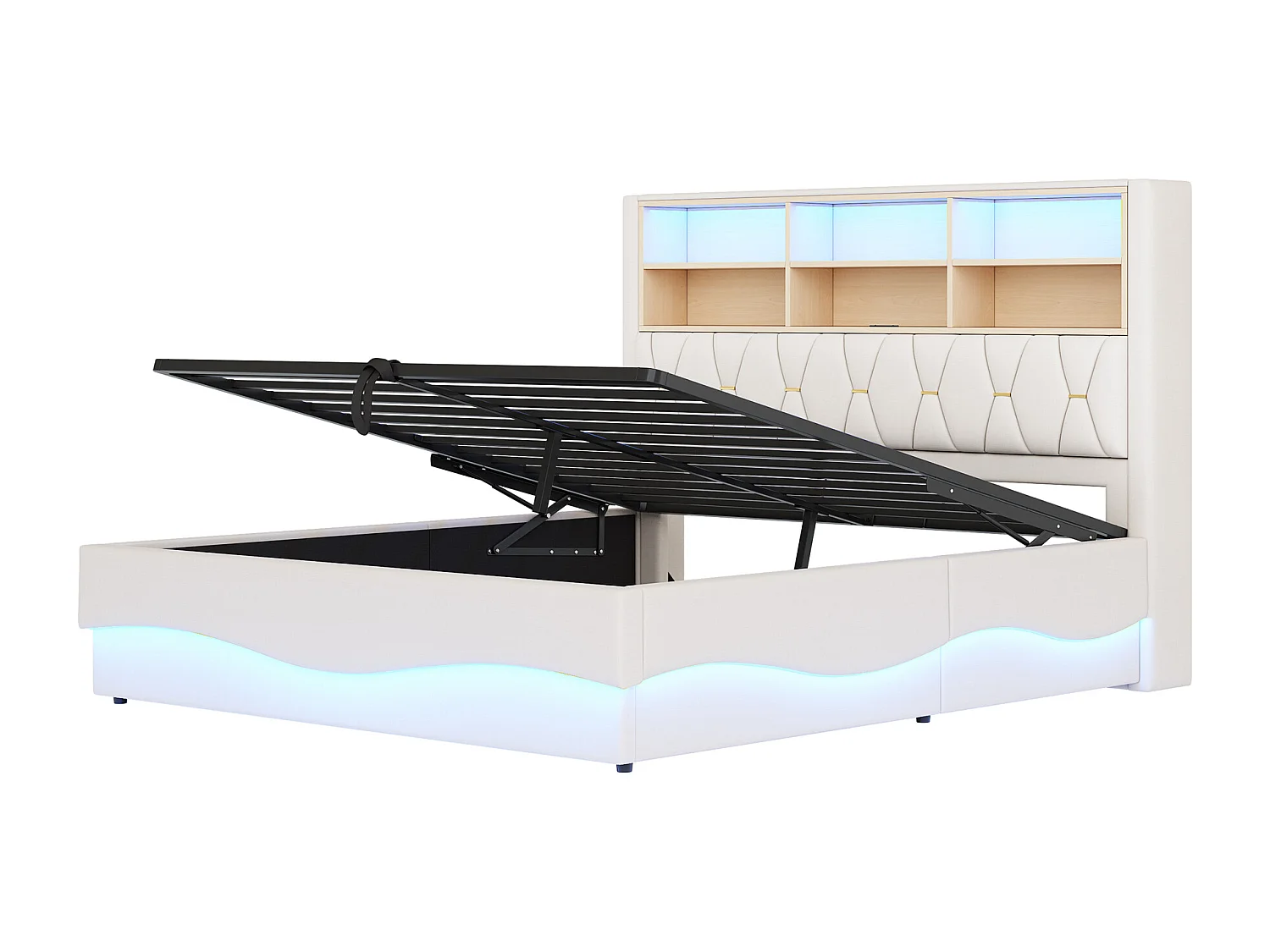 Lit 180x200 cm beige avec rangement hydraulique, LED contrôlées par APP, port USB, sommier métal, revêtement en lin