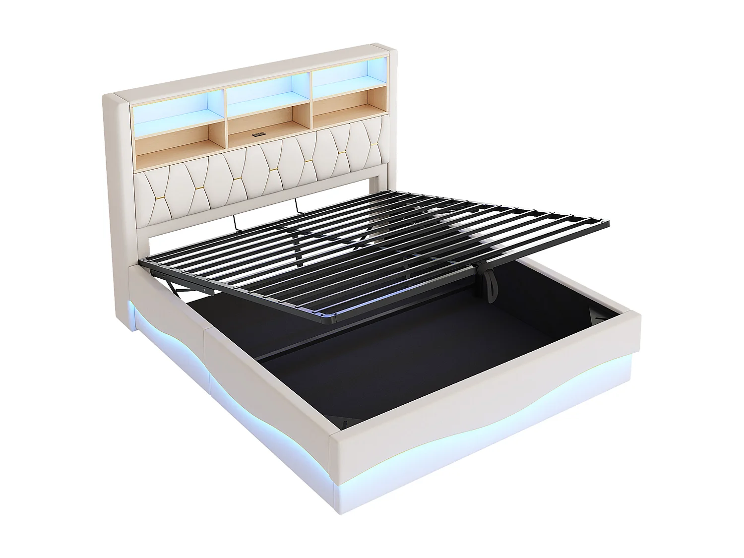 Lit 180x200 cm beige avec rangement hydraulique, LED contrôlées par APP, port USB, sommier métal, revêtement en lin